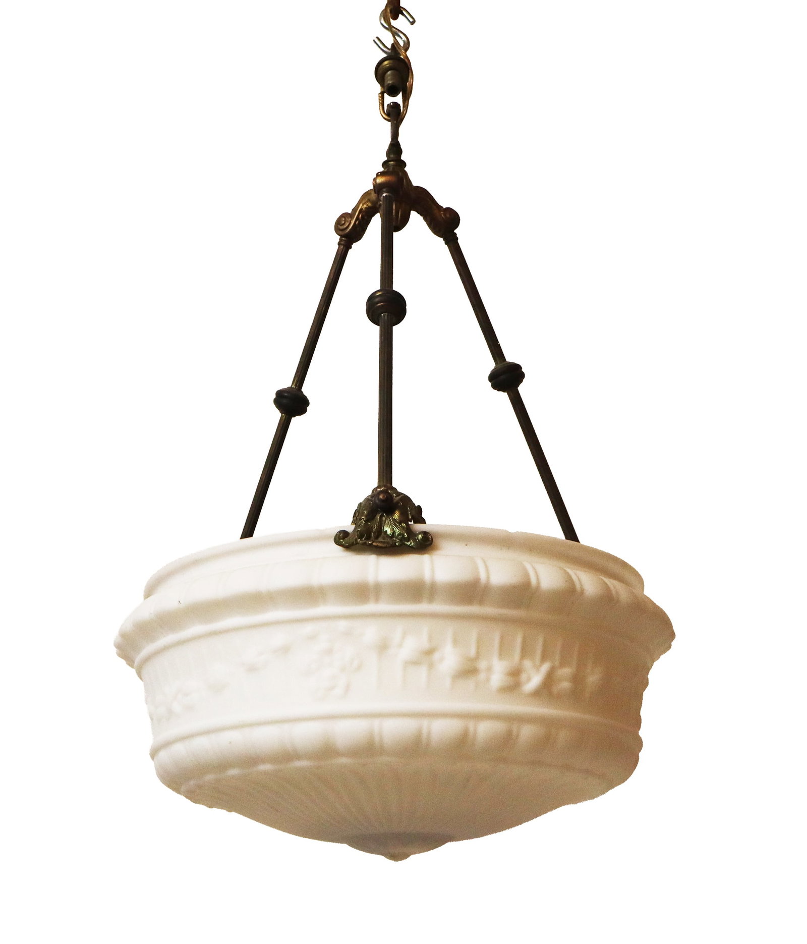 Victorian Milk Glass Chandelier: Victorian milk glass chandelier, early 20th century, with decoration to shade and gilt metal supports. [23" H x 16" Diameter]. Condition is good with some patina to gilt metal, wiring untested.