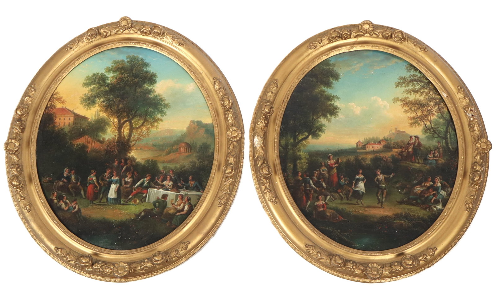 Pair of Oil on Canvas with Fete Champetres: Pair of oil on canvas paintings, France, 18th/19th century, with scenes of Fete Champetre in later gilt plaster frames, each unsigned, one with label from previous owner to verso. [Framed: 27" H x 24"