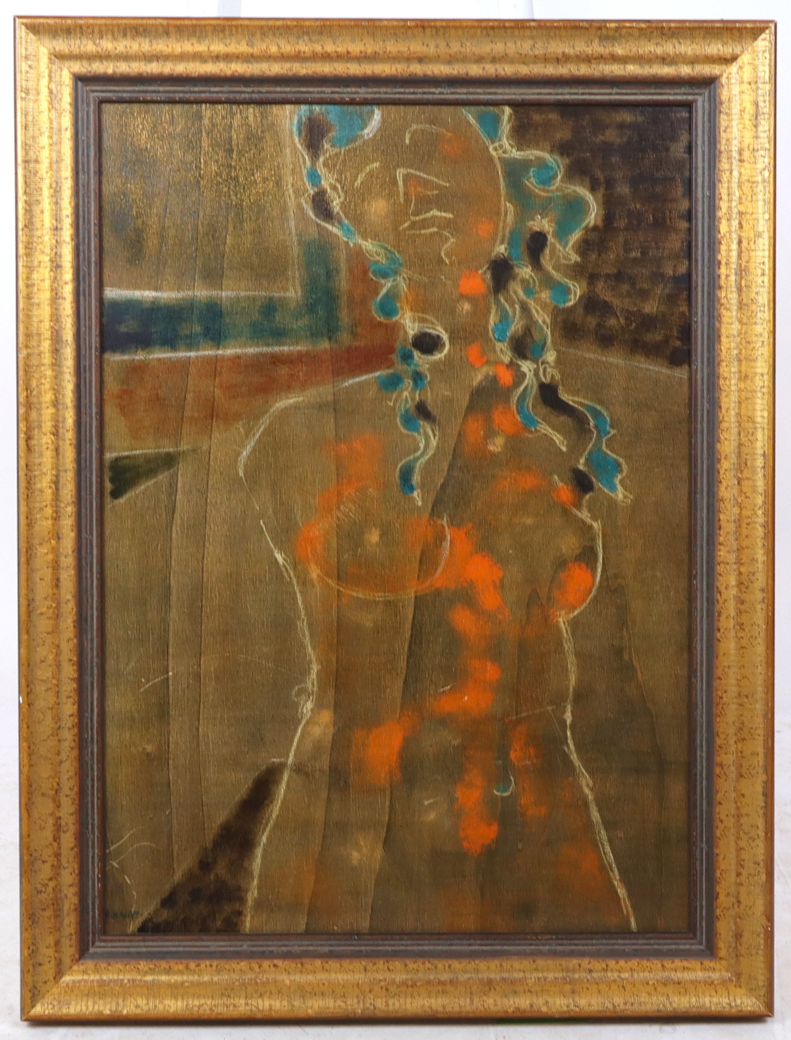 Lazzaro DONATI "Figura in Greieo" Nude on Panel: Lazzaro Donati (Italy, 1926-1977) "Figura in Greieo" nude on panel, 1959, signed Lazzaro Donati Firenze to verso with date, and with a label from Monede Gallery, New York, in a frame. [Framed: 32" H x