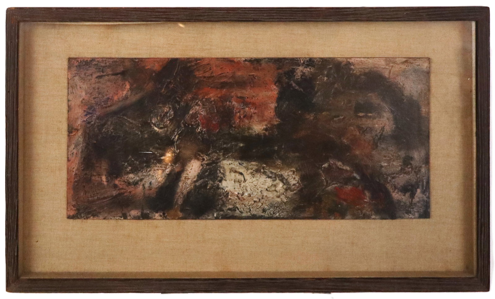 Merton SIMPSON "Pigment Improvisation" Oil: Merton Simpson (American, 1928-2013) "Pigment Improvisation" abstract oil, circa 1950s, signed M. Simpson to upper with illegible date, and with a label from Bertha Schaeffer Gallery to verso with tit