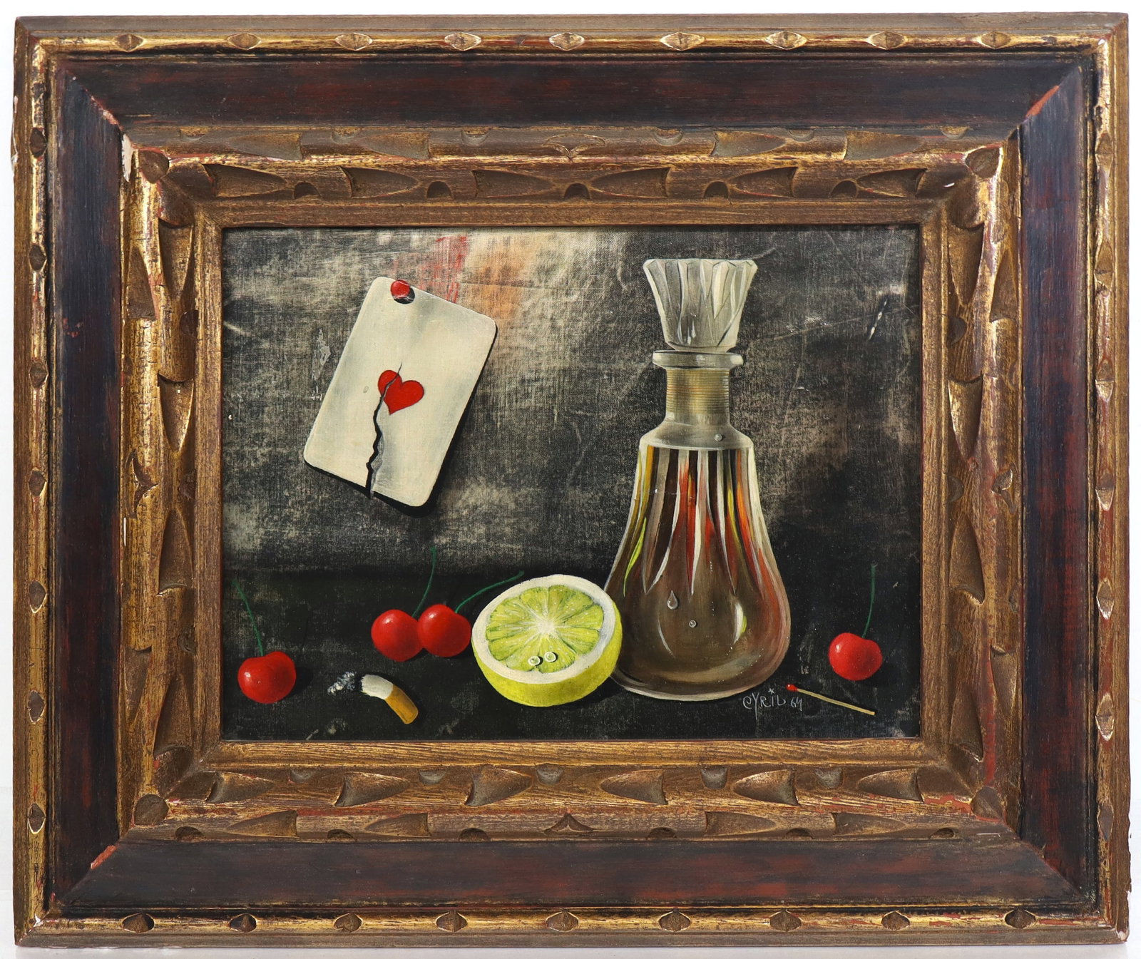 Signed Still Life with Cherries Oil on Canvas: Surrealist still life oil on canvas, 1964, with decanter, cherries, lemon, playing card, and cigarette, signed illegibly to lower right with date, in a frame. [Framed: 14.5" H x 18.5" W]. Condition is