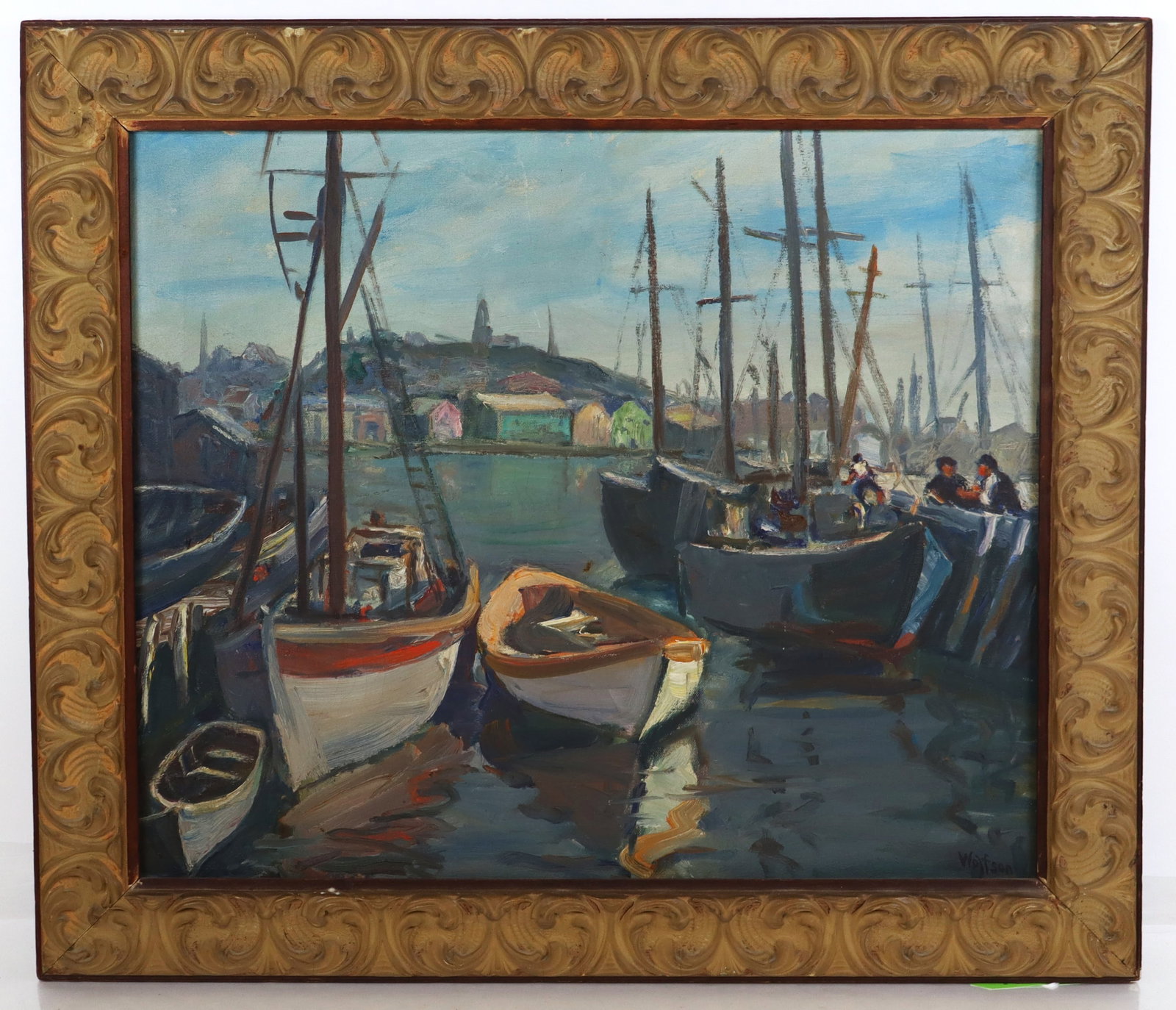 Henry Abraham WOLFSON Oil on Canvas Harbor Scene: Henry Abraham Wolfson (American, b. 1891) oil on canvas harbor scene, signed Wolfson to lower right, in a frame. [Framed: 25" H x 29.5" W]. Condition is good.