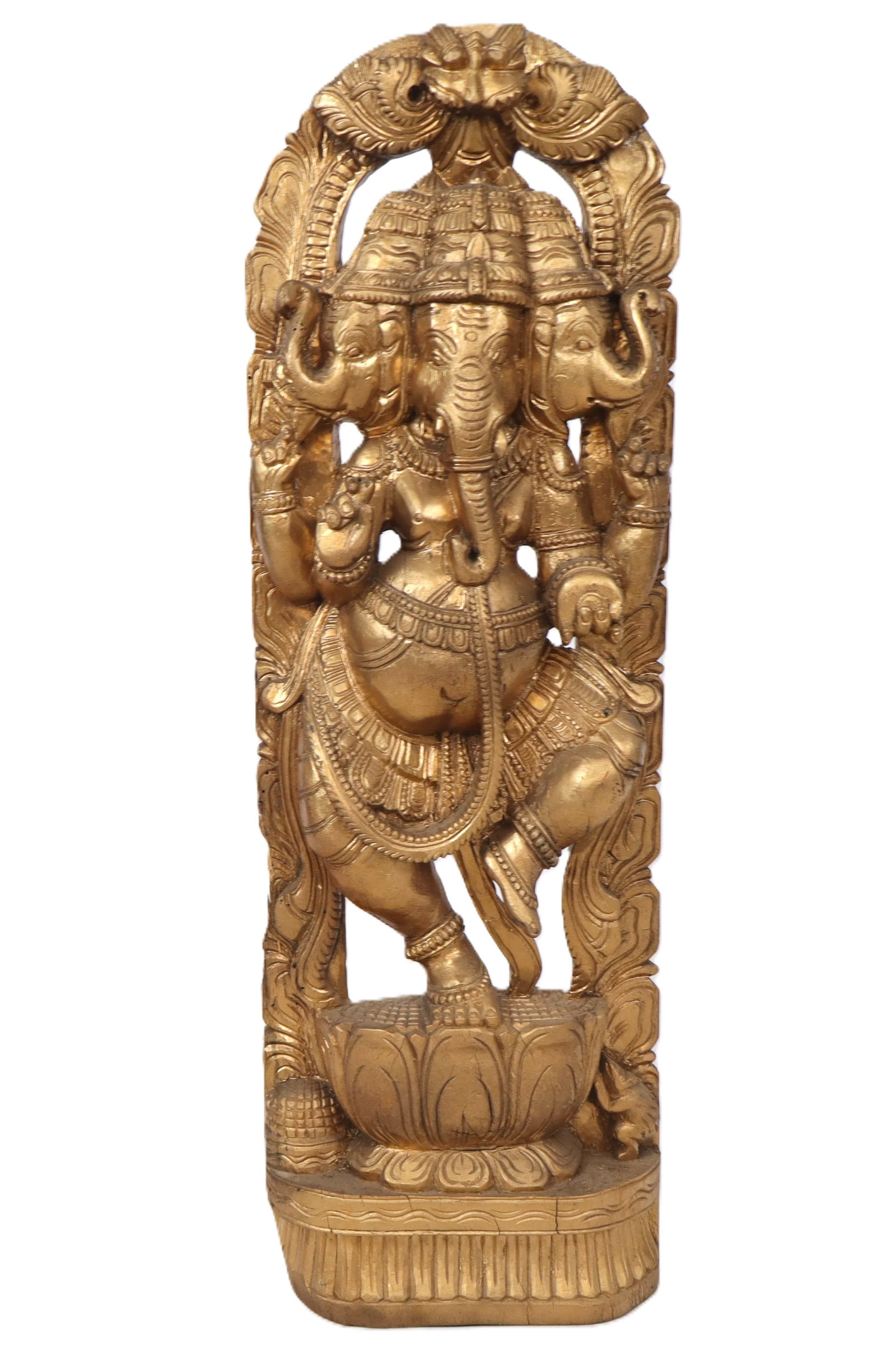 Carved and Gilt Wood Tri-Mukha Ganesha: Carved and gilt wood sculpture of tri-Mukha Ganesha, 20th century, with the deity dancing. [36" H x 12" W x 6" D]. Condition is good with some cracks to wood, likely regilt.
