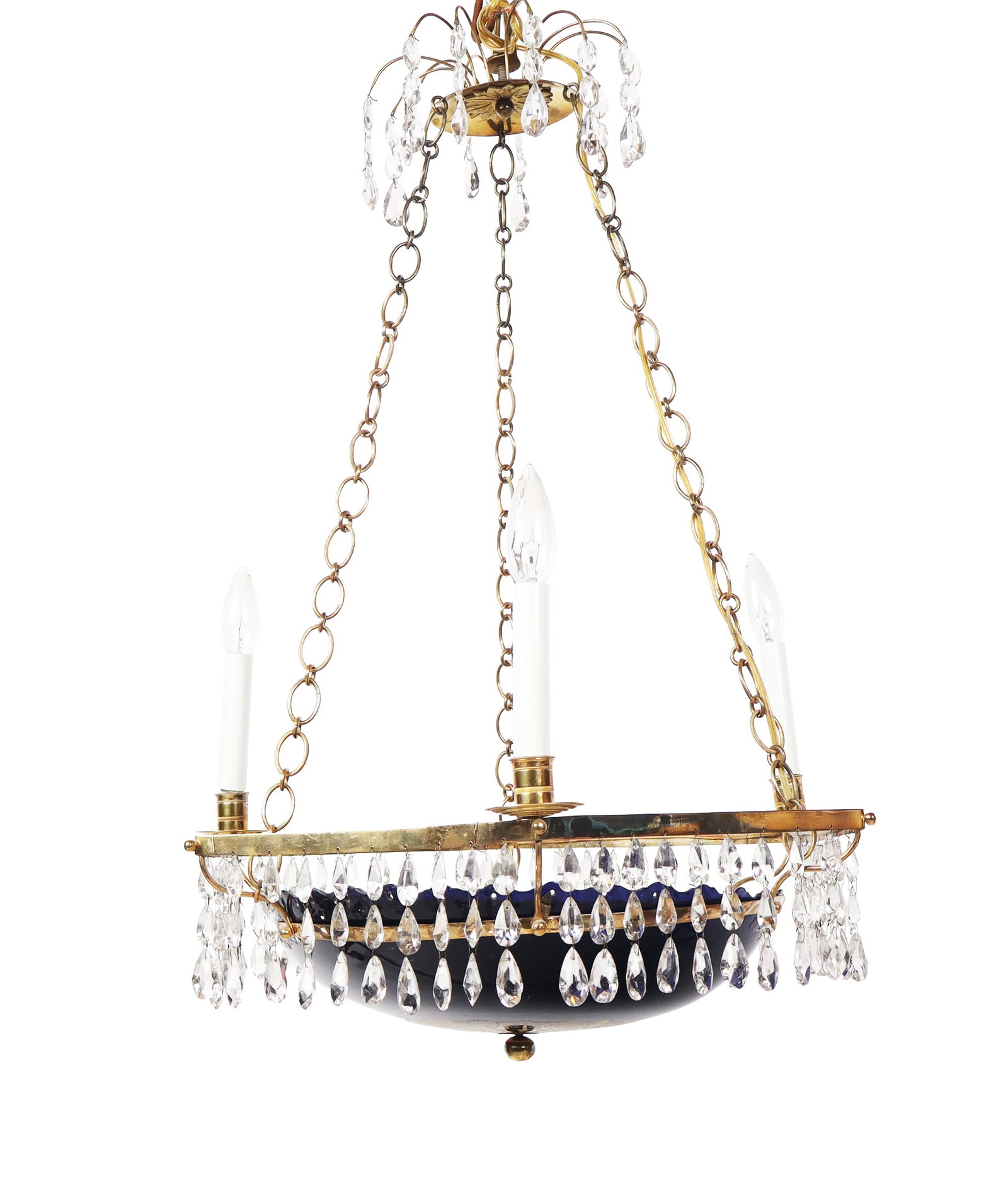 Contemporary Three-Light Chandlier: Contemporary three-light chandelier, 21st century, with faceted glass detail and a brass frame. [Fixture: 31" H x 18" diameter]. Condition is good with some losses to glass, wiring untested.