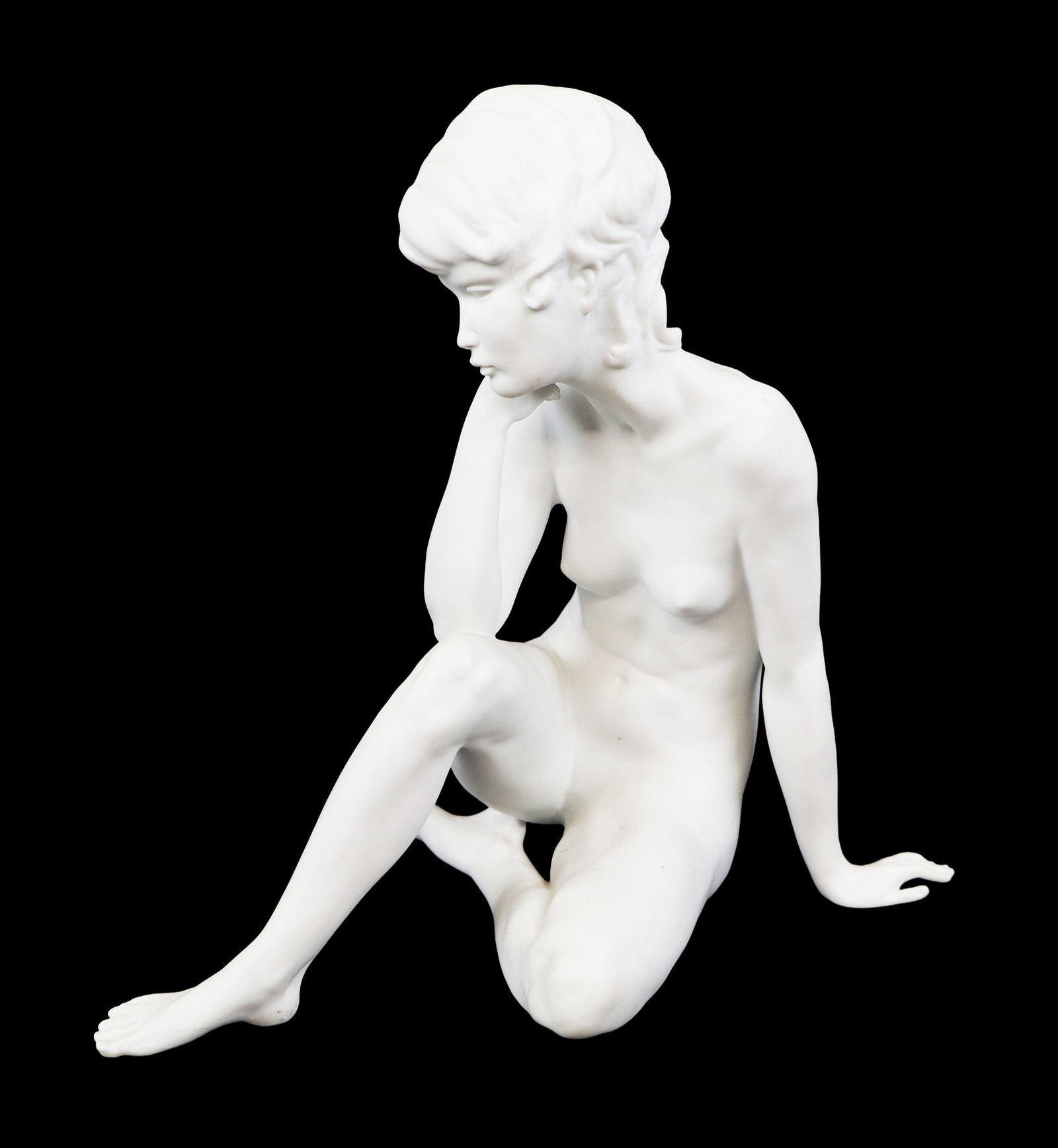 Kaiser White Bisque Figure "Meditation": Kaiser white bisque figure of "Mediation", Germany, a figure of a seated female nude, marks to base signed Gawantka 489. [9" H x 6" W x 7.5" D]. Overall condition is good.