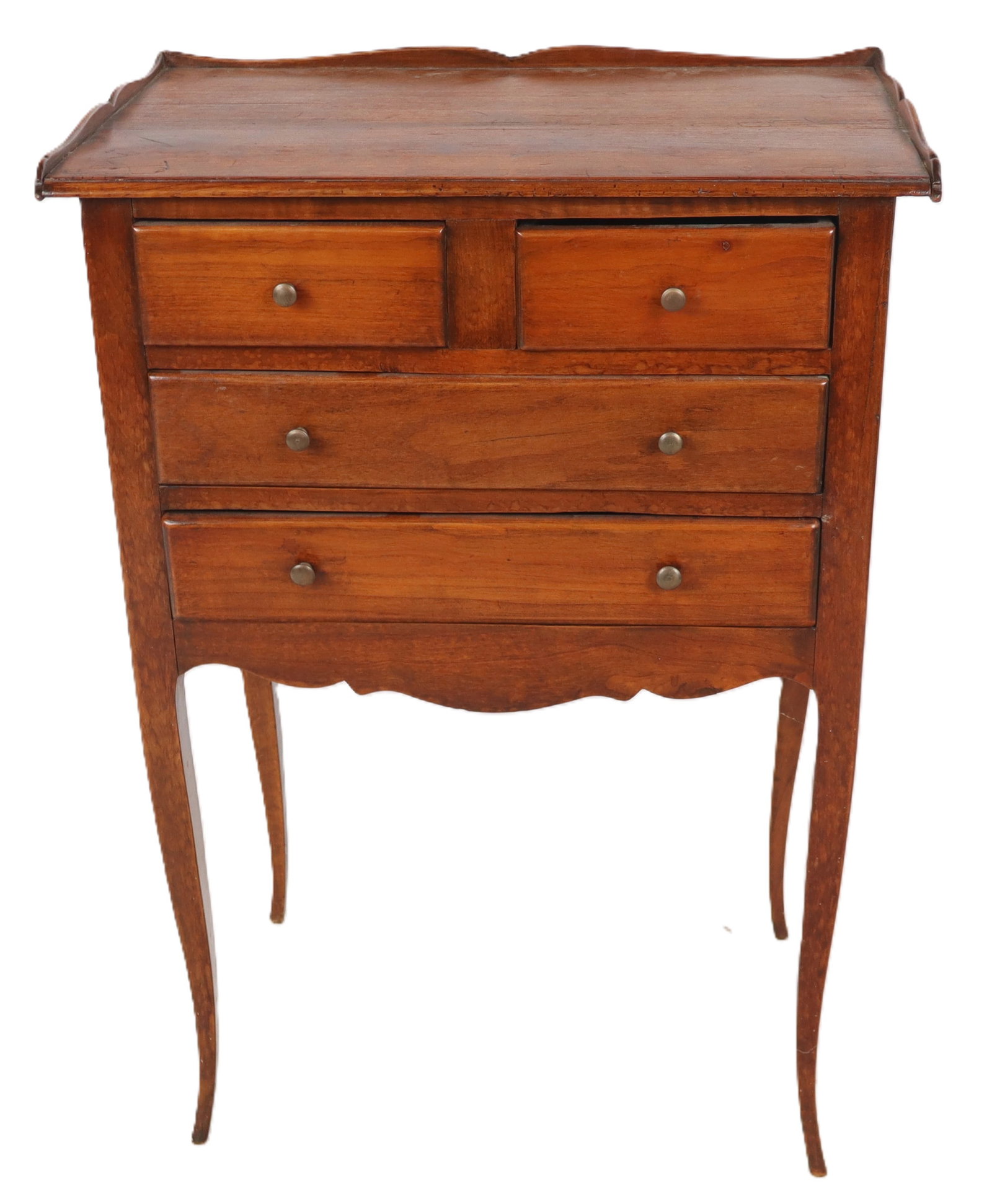 Louis XVI Five-Drawer Side Table: Louis XVI five-drawer side table, 20th century, with a partially galleried top and four cabriole legs. [27.25" H x 19.25" W x 13" D]. Condition is good with age-commensurate surface wear.