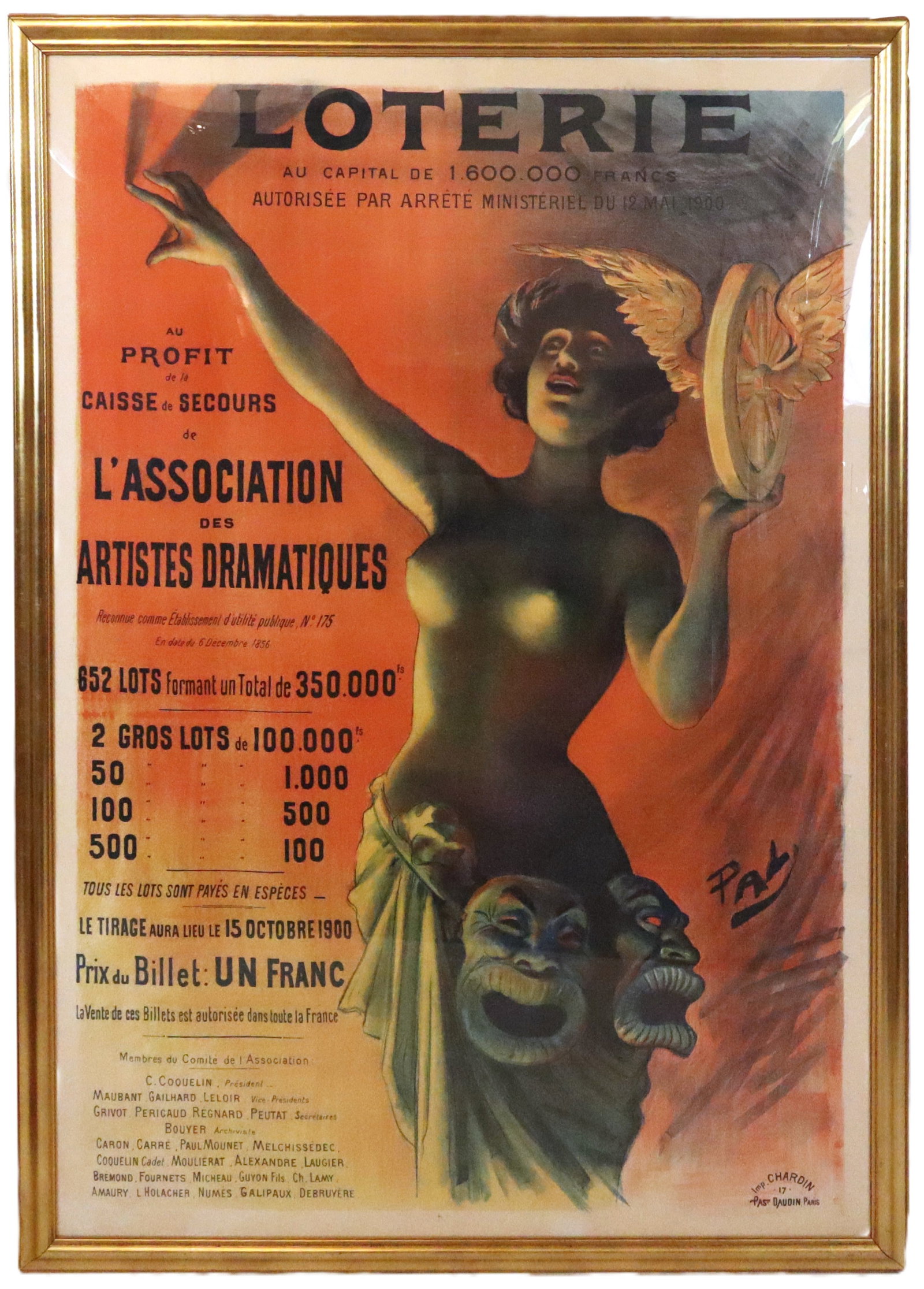 Jean de PALEOLOGUE Loterie Poster: Jean de Paleologue (Romania, 1855-1942) Art Nouveau Loterie lithograph poster, circa 1900, printed by Chardin, France, marked Pal to image, in a frame. [Framed: 67" H x 48" W]. Condition is good with 