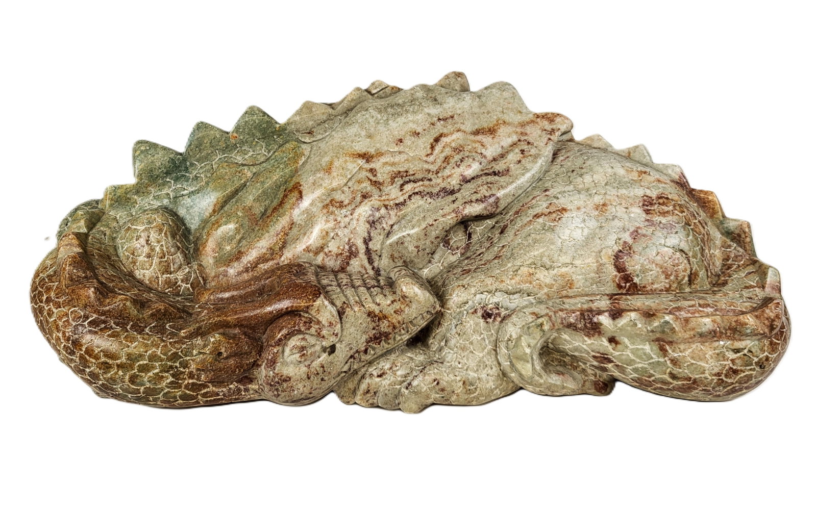 Ailene FIELDS Carved Raspberry Alabaster Dragon: Ailene Fields (American, b. 1948) carved raspberry alabaster sculpture of a sleeping dragon, apparently unsigned. [12" H x 29.5" W x 10.5" D]. Condition is good.