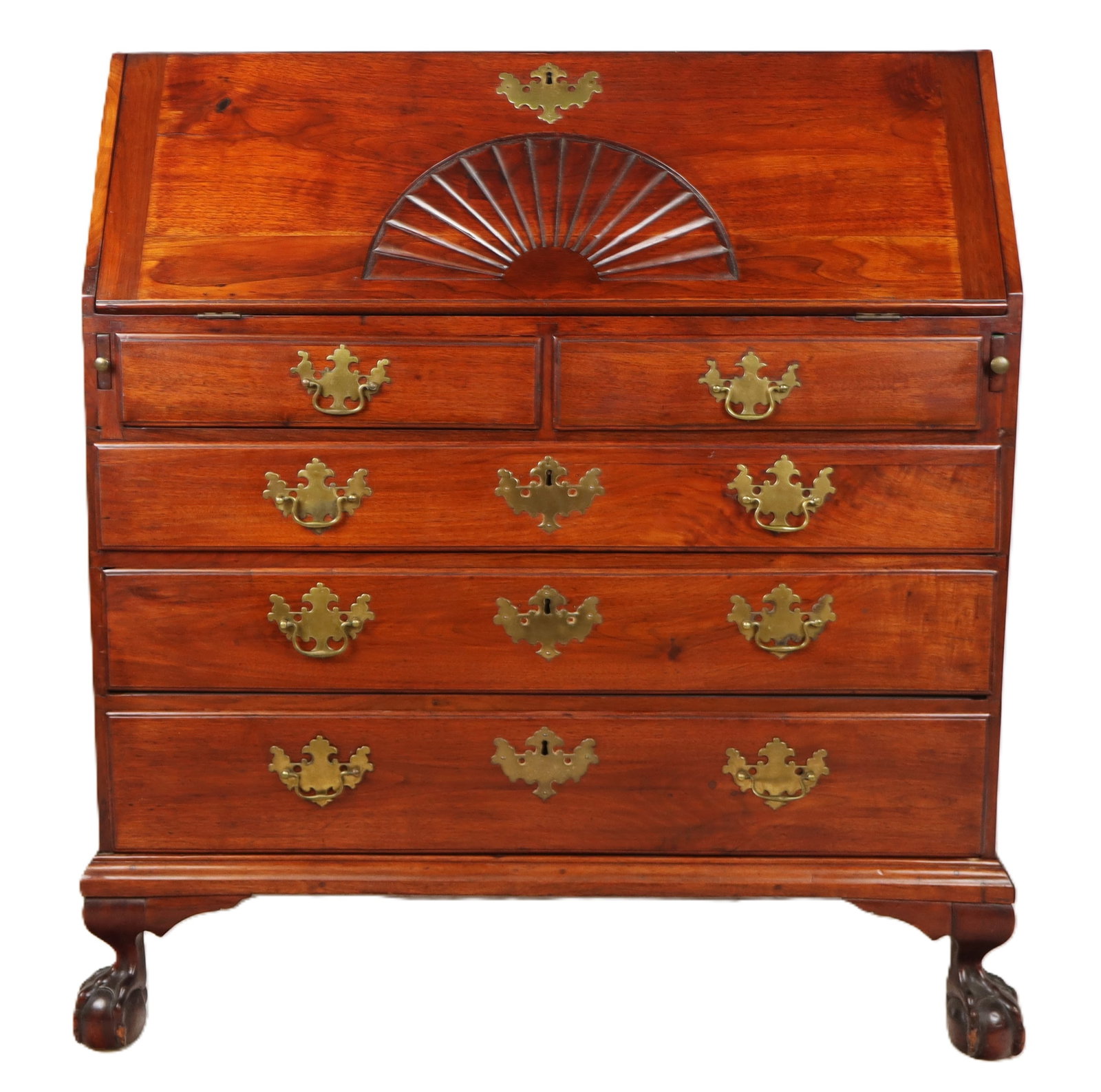 Mahogany Drop Front Secretary: Mahogany drop front secretary, later 19th century, with carved decoration to outer, pigeonholing to inner, and two short over three long drawers, on four ball and claw feet. [44" H x 29" W x 22.5" D].