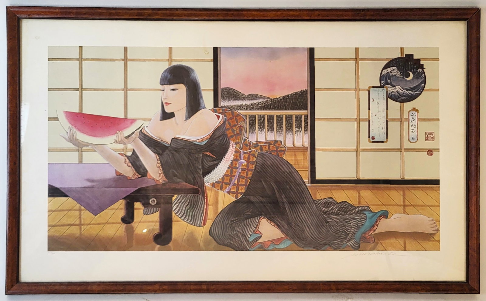 Muramasa KUDO Watermelon Lithograph: Muramasa Kudo (Japan, b. 1948) "Watermelon" lithograph artist proof numbered 10/25 signed in graphite to lower right, in a frame. [Framed: 31" H x 50.25" W]. Condition is good with some wear to frame.