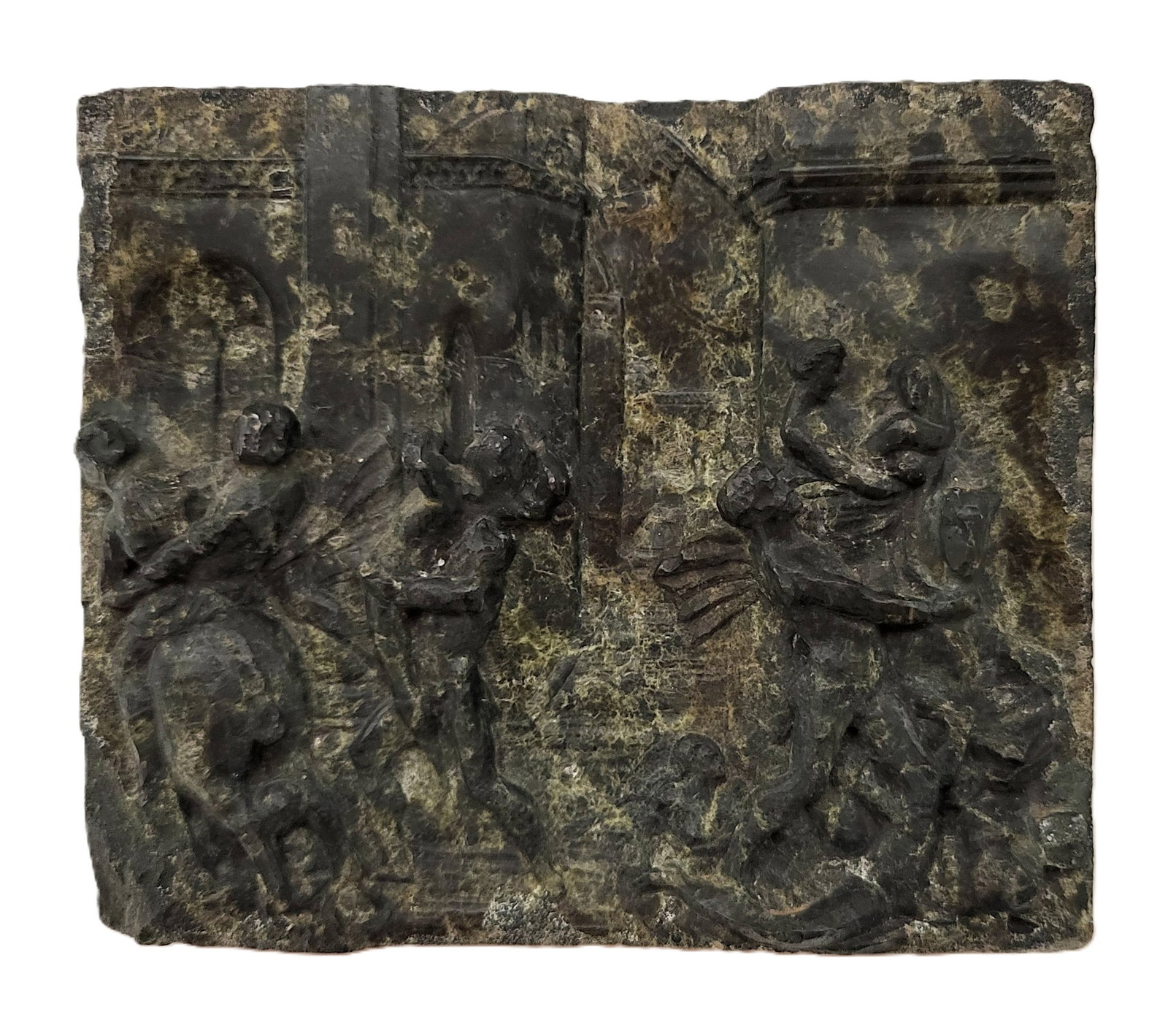 Antique European Green Stone Small Relief: Antique European Green Stone Small Relief, Solid green stone (Perhaps marble) relief depicting the Rape of the Sabines, in front of buildings, perhaps an inset into a large work of art. 18th/19th Cent