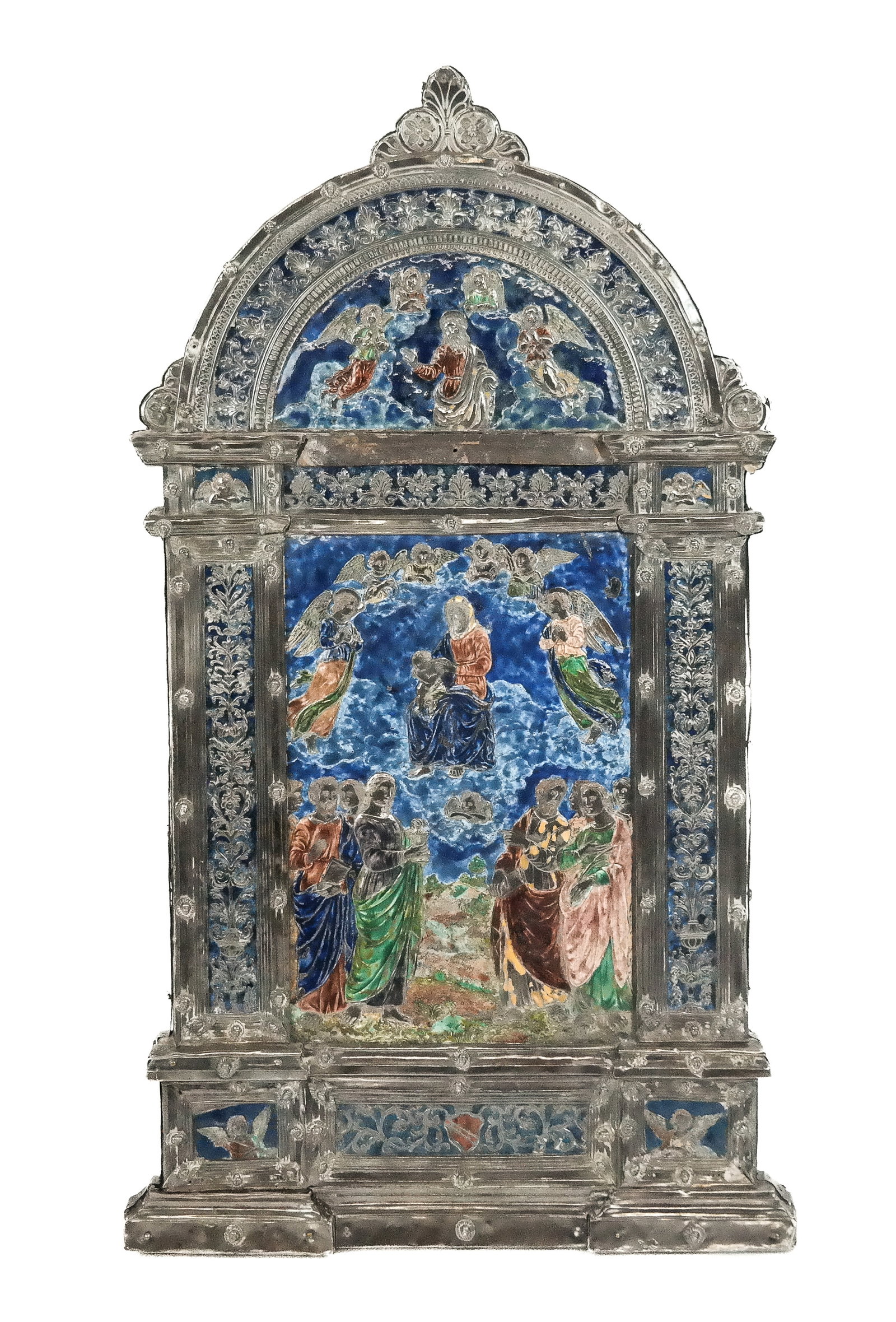 Italian Silver Clad and Enamel Tabernacle: Italian silver clad and enamel tabernacle (or Icon), early 19th century, the center scene of the Christ Child and Madonna, surrounded by angels and figures all in a colorful enamel design, flanked by 