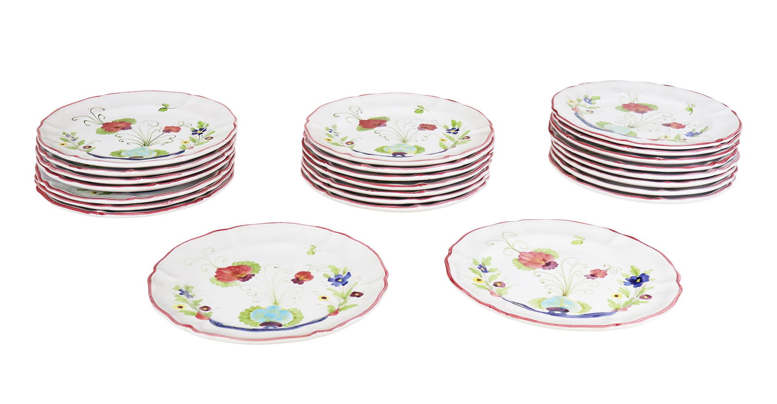 Cantagalli Ceramic Dinner Plates, 24: Cantagalli ceramic flower decorated dinner plates with scalloped pink border, unmarked. [10" Diameter]. Overall condition is good, with signs of little wear. From the esteemed collection of Neil Zuker