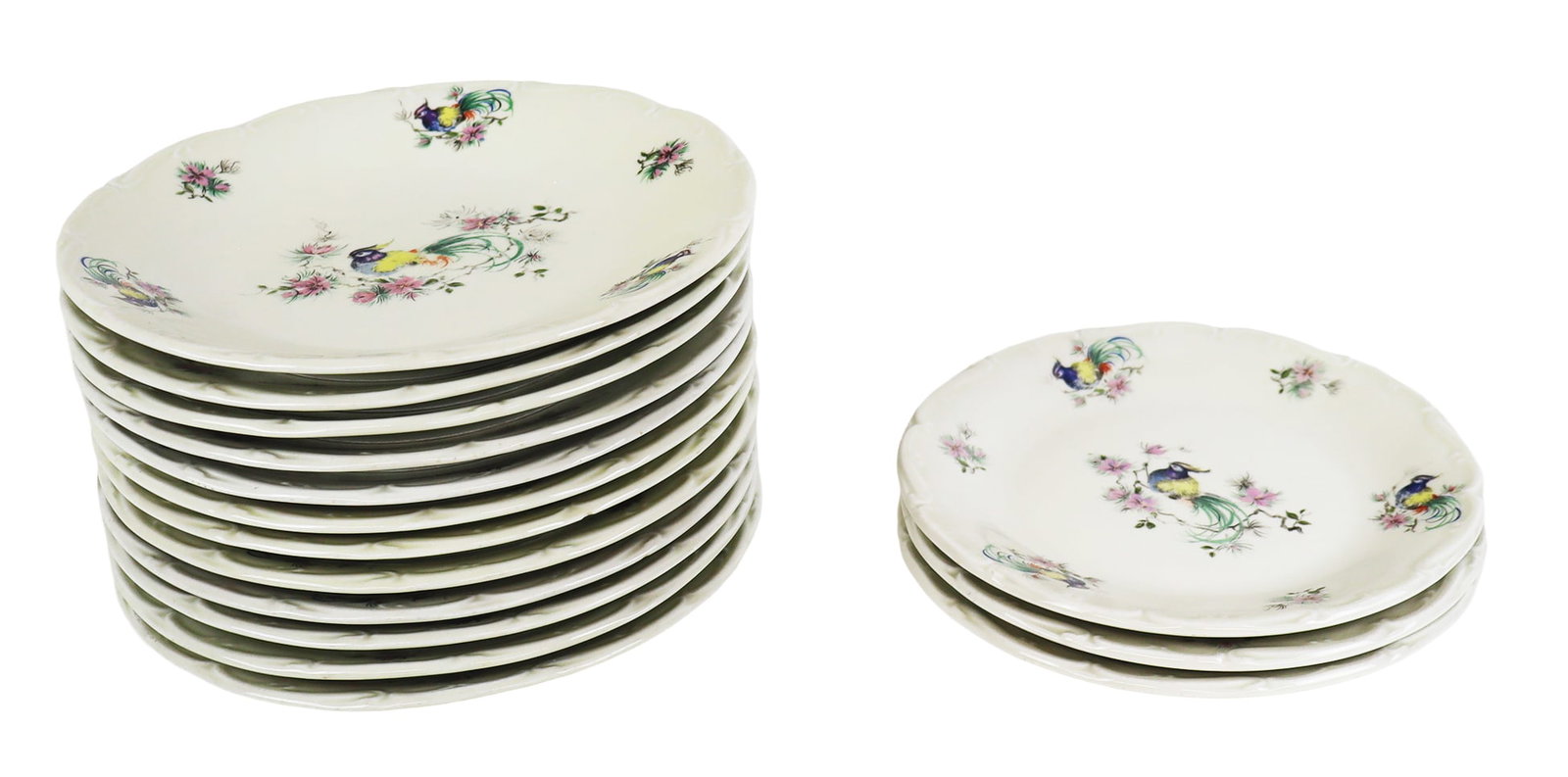 Porcelain de Sologne for Guerillot & Conrads Bird: Porcelain de Sologne for Guerillot & Congrads, Limoges, comprising twelve salad plates [9" Diameter] signed Porcelain de Sologne for Guerillot & Congrads, and three dessert plates [8" Diameter] signed