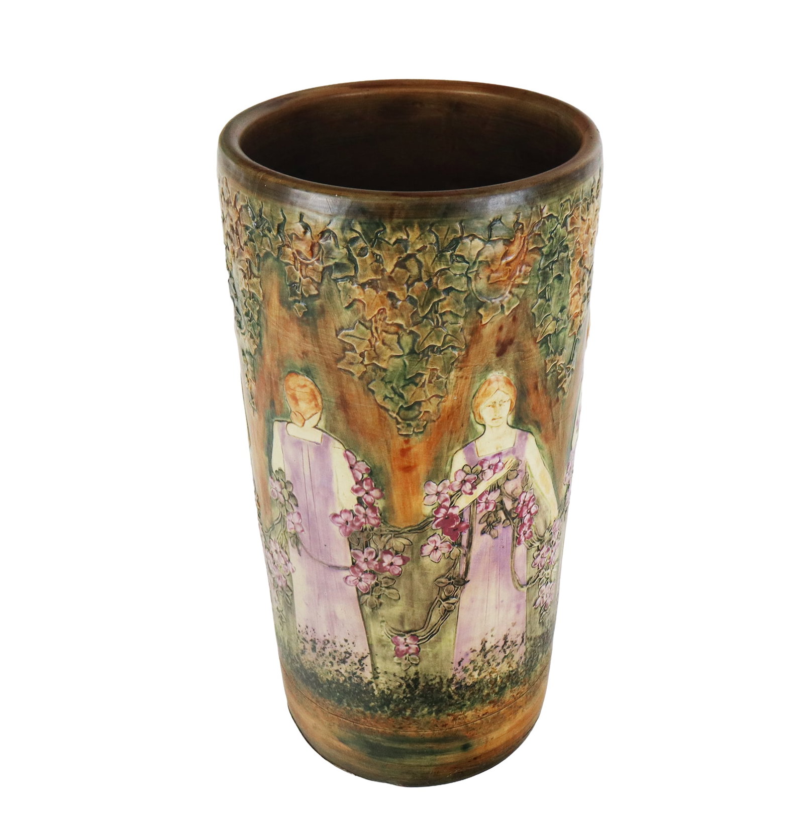Weller Art Nouveau Pottery Umbrella Stand: Weller art nouveau "Flemish" figural pottery umbrella stand, circa first quarter of the 20th century, partially signed on base. [19.75" H x 10" Diameter]. Overall condition is fair, broken and glued, 