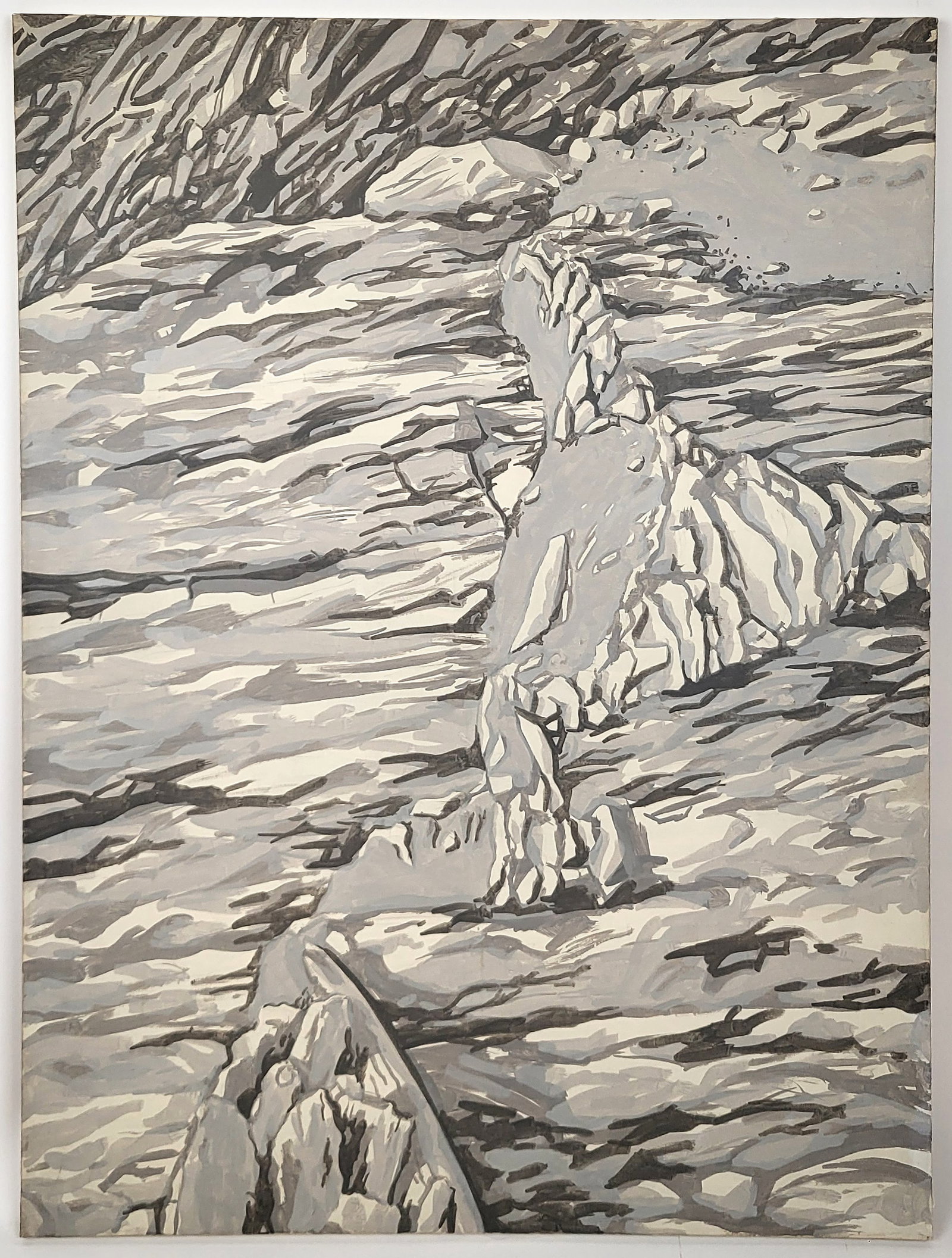 Monochrome Oil on Canvas Rocky Mountain View: Monochrome oil on canvas abstract composition of a rocky mountain view, no apparent signature, unframed. [Canvas: 48" H x 36" W]. Overall good condition, some minor wear.