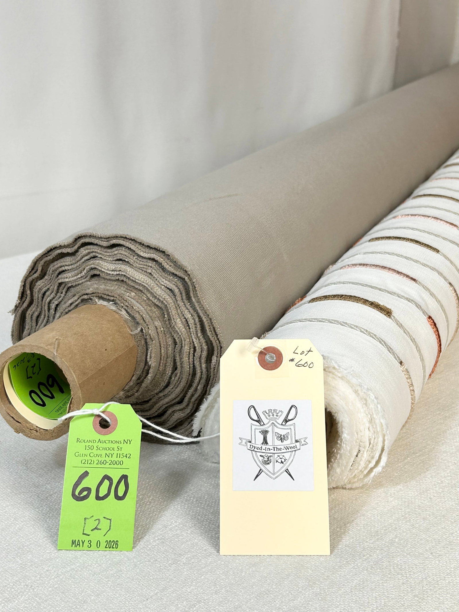 Casamanca Embroidery And Taupe Canvas Fabric: 1) 5 1/4 yards of Casamanca's "Ukulele" embroidery in colorway Terracotta, # 44230179, 54" width. The 5-color vertical stripe has viscose embroidered yarn on white linen, with design repeats of 6 1/4"