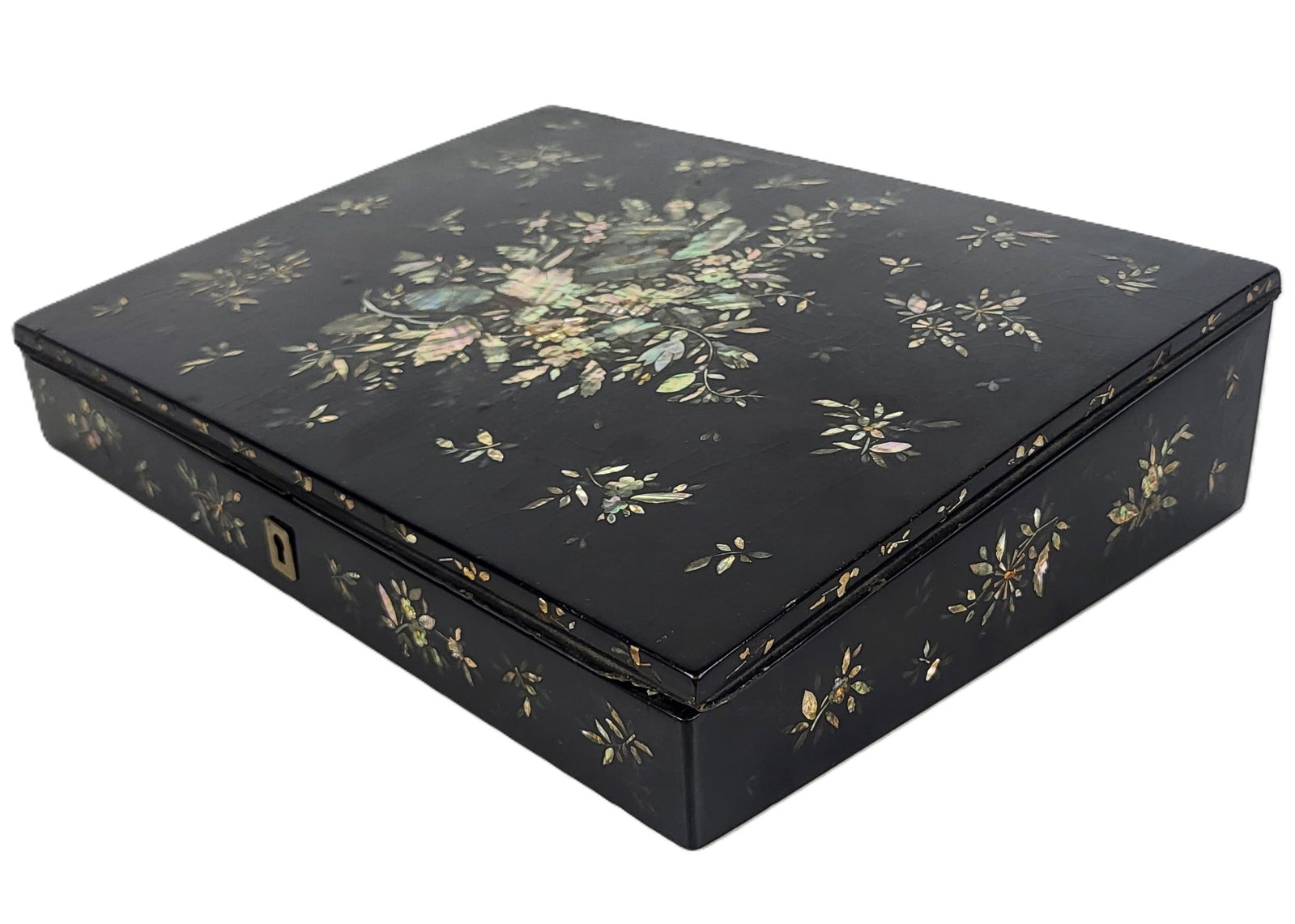 Victorian Mother of Pearl Inlaid Lap Desk: Victorian mother of pearl inlaid lap desk, late 19th century, with floral decoration to lid and to interior, with a removeable tray with compartments and velvet writing surface. [3" H x 12" W x 9" D].