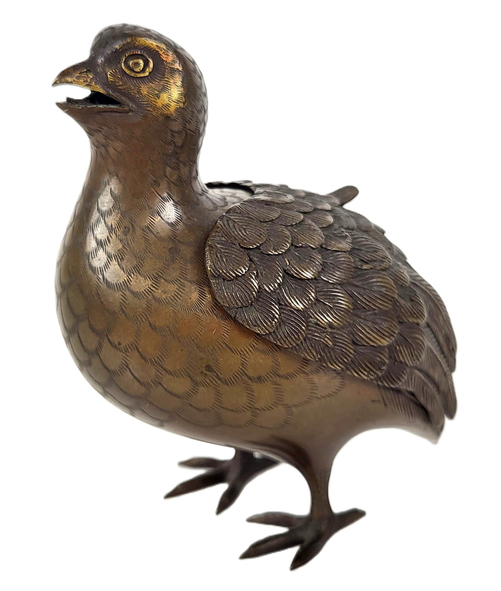 Japanese Meiji Bronze Quail form Okimono Censer: Japanese Meiji period bronze okimono censer, 19th century, in the form of a qual, with removeable top and marks to base. [5" H x 4.5" W x 3" D]. Condition is good.