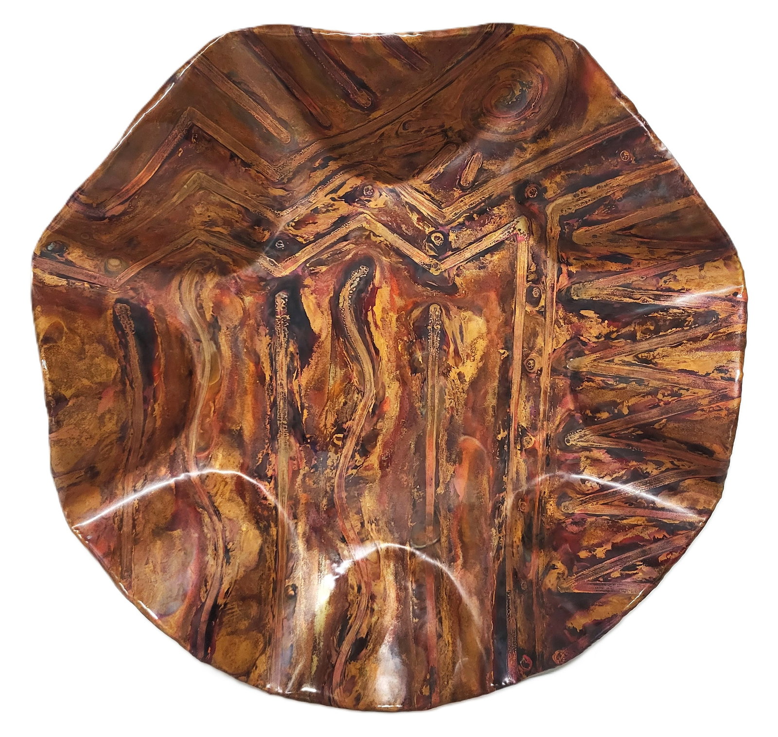 Kathleen MATSINGER Painted Metal Wall Sculpture: Kathleen Matsinger (American, 1948-2014) painted metal scalloped wall sculpture, signed on the reverse. [5" H x 33.5" Diameter]. Overall condition is good.