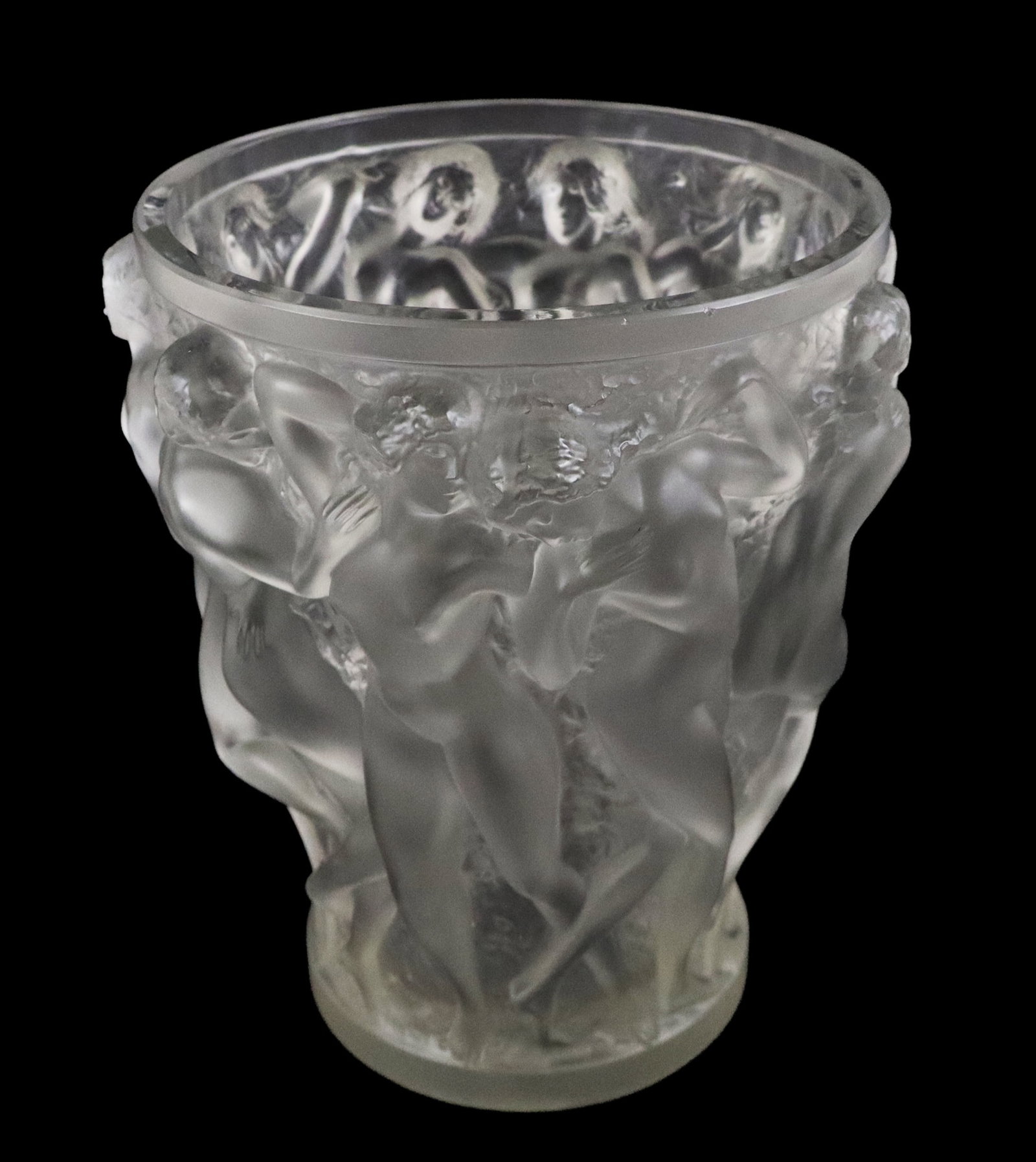 Lalique "Bacchantes" Satin Glass Vase: Lalique "Bacchantes" satin crystal vase, signed on base "Lalique France". [9.5" H x 8.5" Diameter]. Overall condition is good.