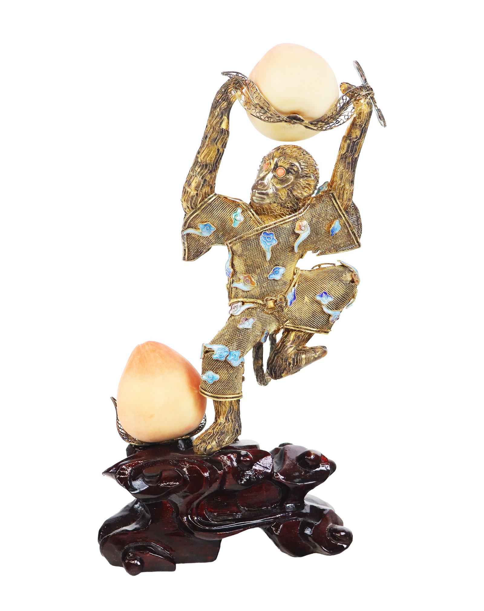 Silver, Enamel and Wood Sculpture: Vermeil sterling silver, coral, and enamel figure of a monkey resting on a carved lacquered cloud stand and accented with painted peaches, signed Silver S925. [8.25" H x 4.25" W x 4" D]. Overall condi