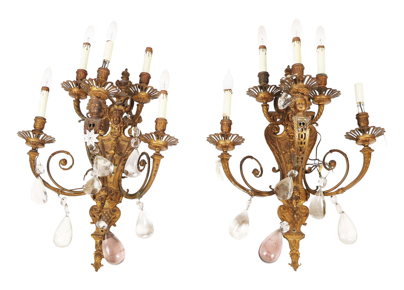 Pair of Louis XIV Gilt Bronze and Crystal Sconces: Pair of Louis XIV gilt bronze and crystal five light sconces, probably first half of the 20th century, large elaborate backplate decorated with masks, scrolls and grapes, the central arms further deco