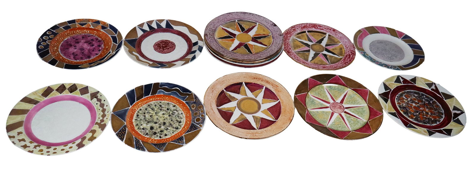 Rob Turner Set of Hand-Painted Service Plates, 15: Set of fifteen hand-painted unique service plates by Rob Turner for Bergdorf Goodman, marks to reverse. [12" Diameter]. Overall condition is good, some with minor knife/scratches..