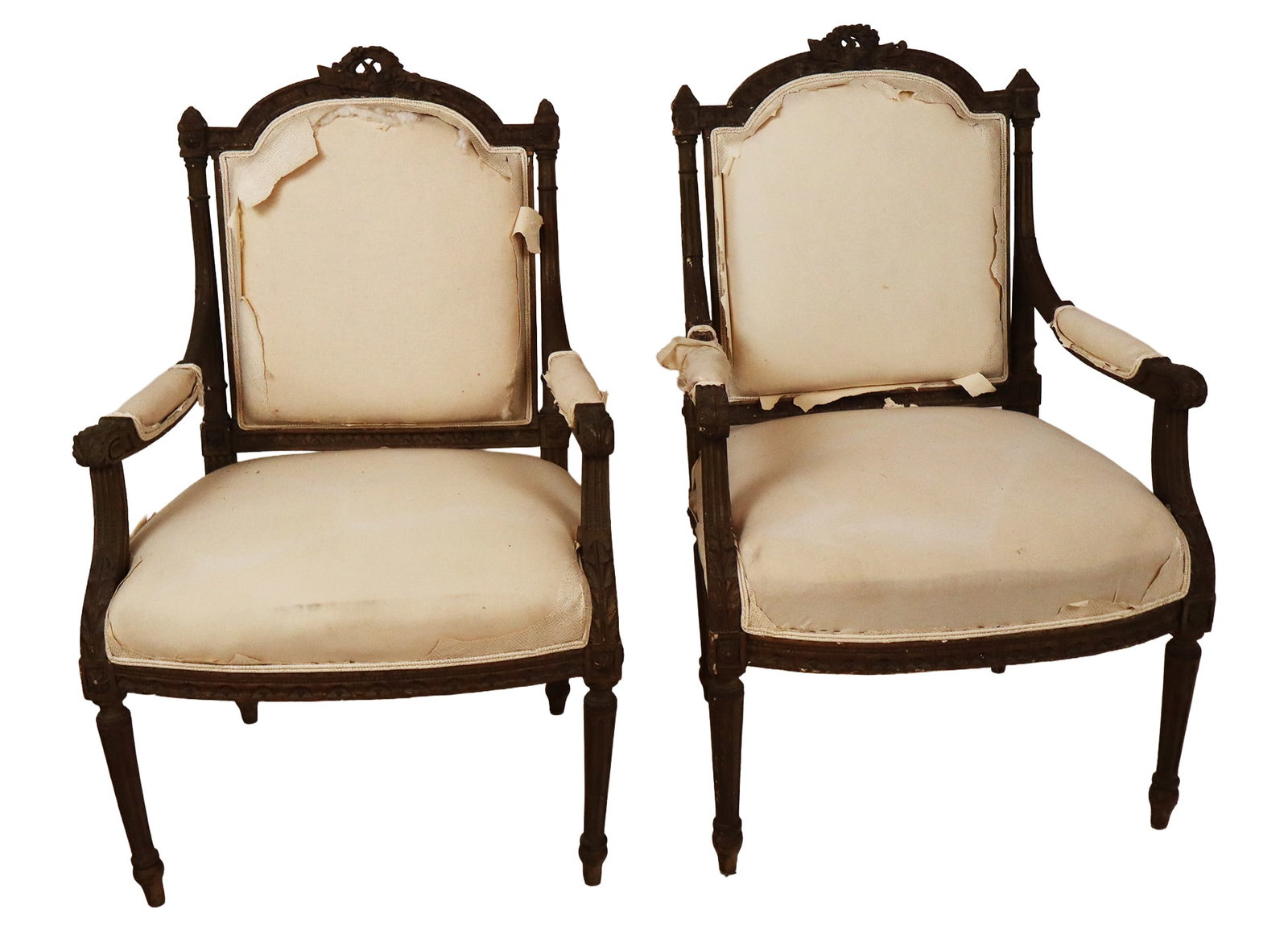 Pair of Louis XVI Bergeres: Pair of Louis XVI upholstered bergeres, 19th century, with carved wood frames. [41" H x 22" W x 21" D; seat height: 19"]. Condition to chairs is good with some wear to frames; significant losses to up