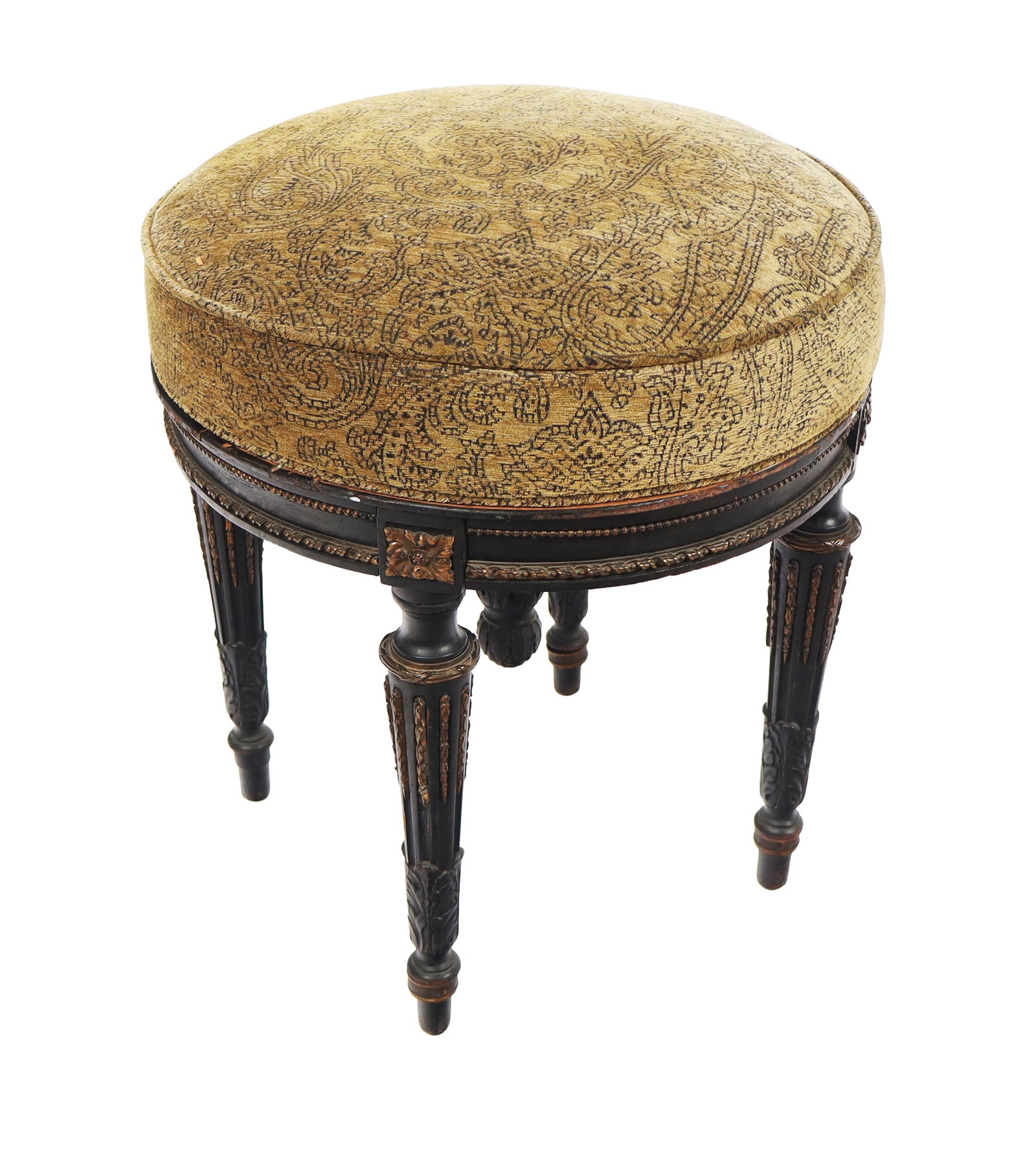 Louis XVI Stool: Louis XVI upholstered stool, 19th century, with carved and gilt decorated lower and tapered fluted legs, and later upholstery. [21" H x 16" Diameter]. Condition is good with age-commensurate wear incl
