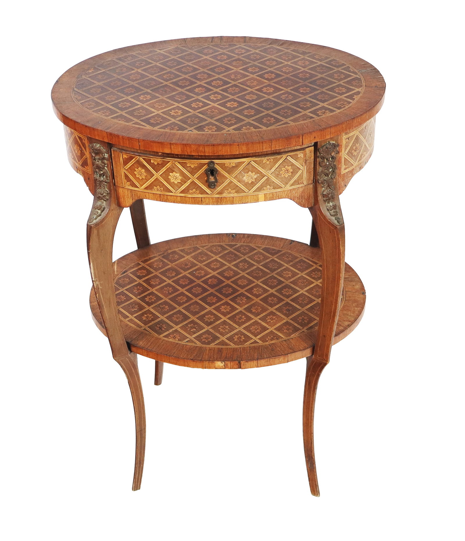 Louis XV Marquetry Inlaid Side Table: Louis XV marquetry inlaid side table, 19th century, with two floral inlaid tiers, bronze mounts and cabriole legs, and a single drawer to upper. [28" H x 20" W x 16" D]. Condition is good with some fa