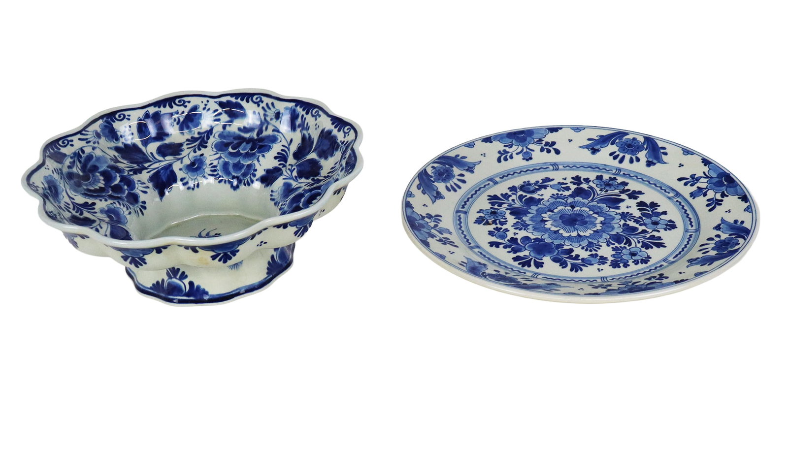 De Porceleyne Fles, Two Faience Porcelain Articles: Two articles of faience porcelain from De Porceleyne Fles, mid-20th century, comprising a footed bowl and a plate, each marked to bases. [Footed bowl: 3.25" H x 9" Diameter]. Condition to each is