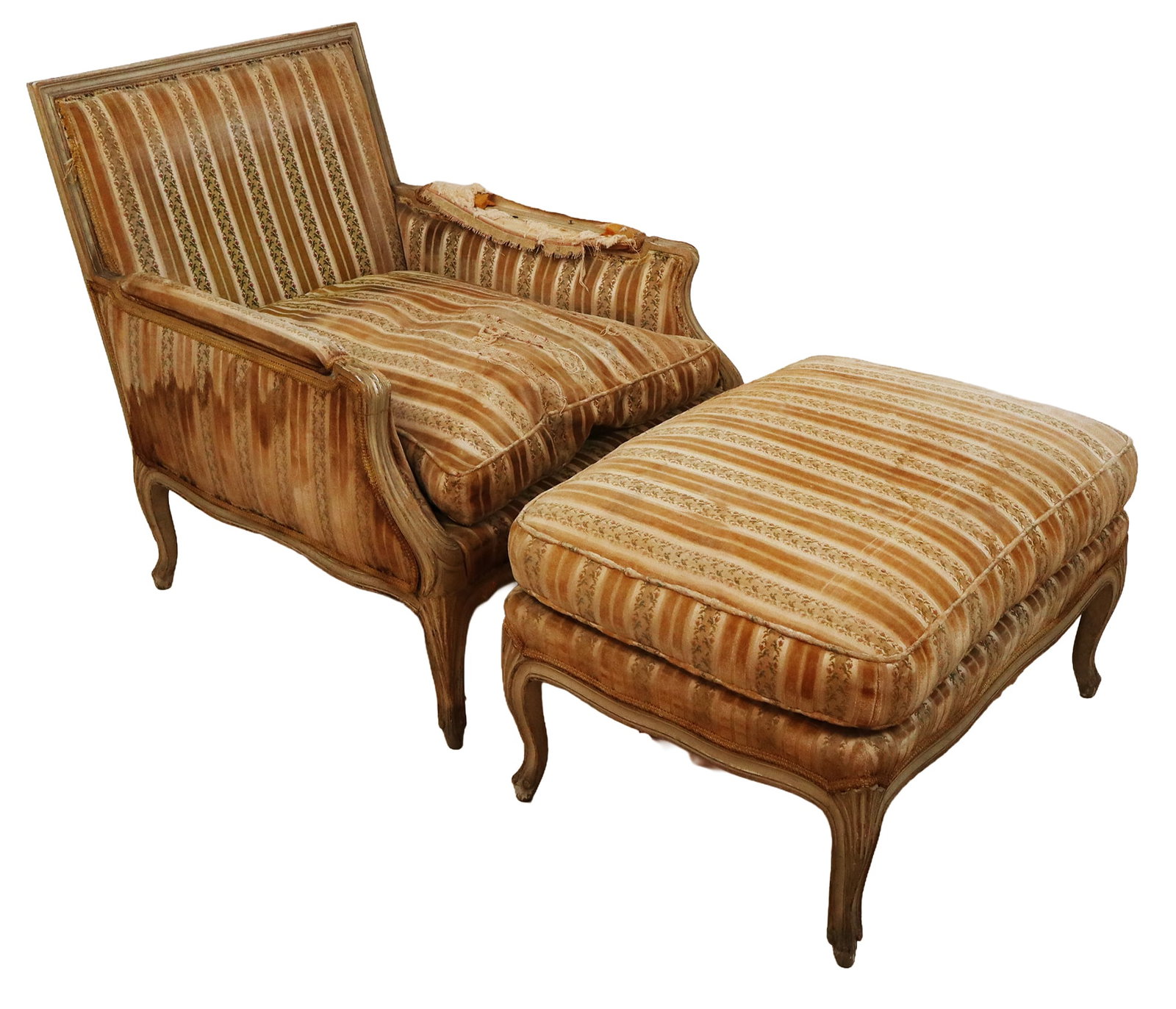 Louis XV Bergere and Ottoman: Louis XV bergere and ottoman, 20th century, with striped upholstery. [Bergere: 33" H x 30" W x 27" D; seat height: 17"; ottoman: 17" H x 30" W x 21" D]Condition is fair with significant wear and losse