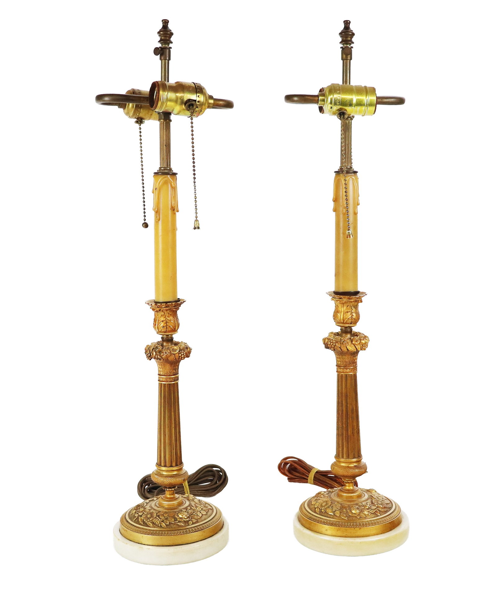 Pair of Louis XVI Gilt Brass and Marble Lamps: Pair of Louis XVI gilt brass and marble lamps, 20th century, with floral decoration to lower and fluted stands, and two lights to upper. [24" H x 6" Diameter]. Condition is good; wiring untested.
