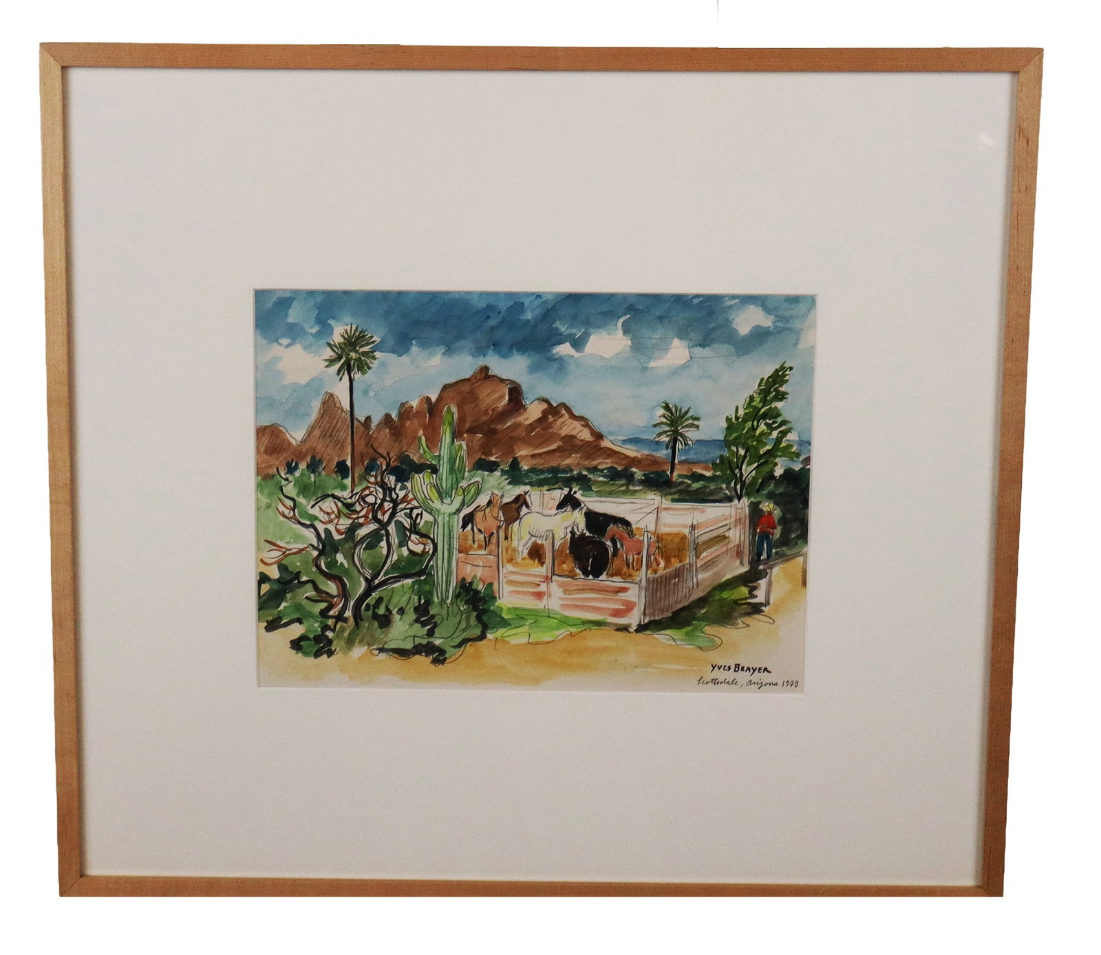 Yves BRAYER "Scottsdale, Arizona" Water Color: Yves Brayer (French, 1907-1990) "Scottsdale, Arizona" water color, 1979, signed to lower right with title, in a frame. [Framed: 19.5" H x 23.5" W]. Condition is good.