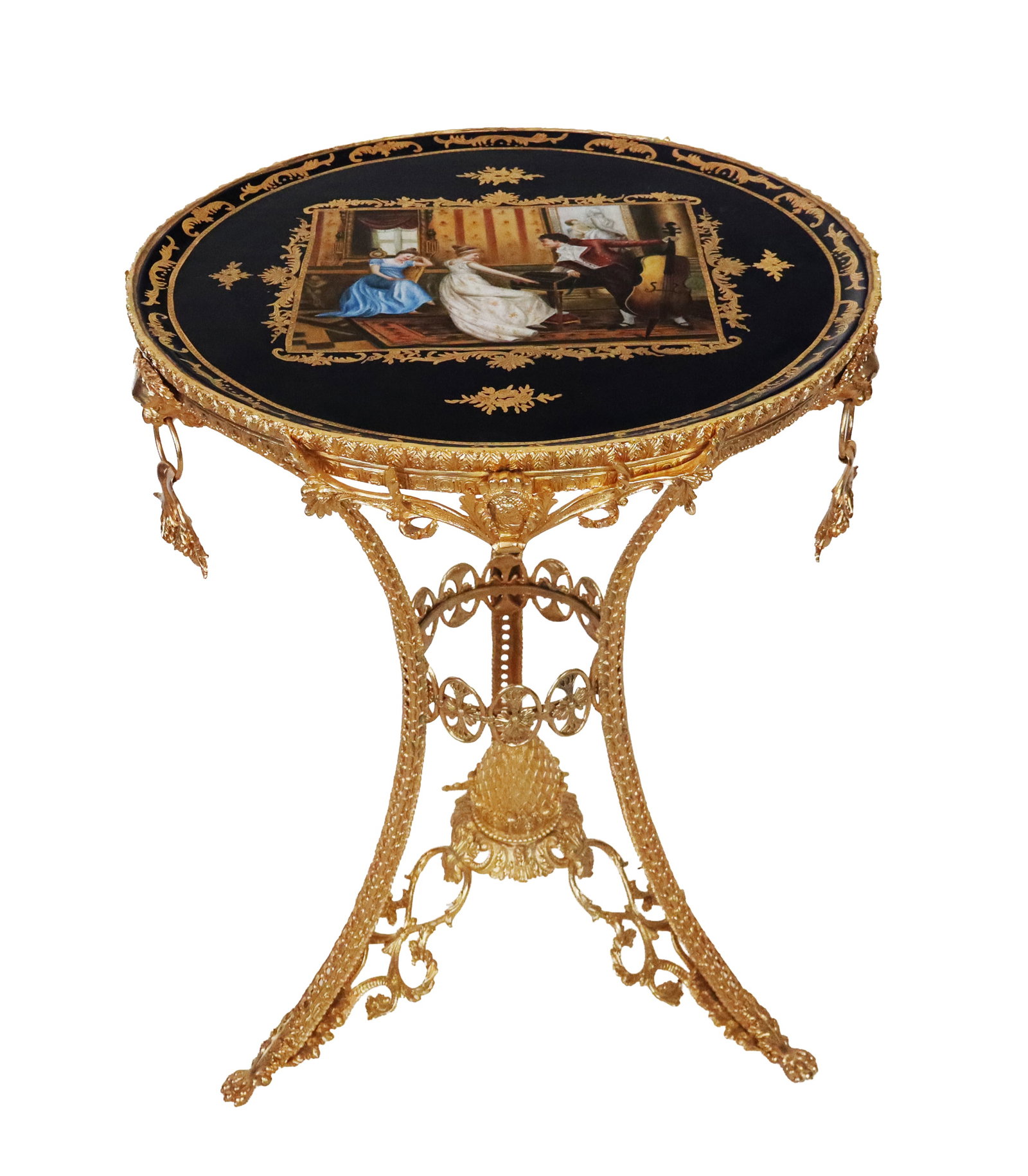 Louis XV-Style Gilt Metal & Porcelain Table: Pair of Louis XV circular tables, 20th century, having a porcelain inset cobalt blue plaque charger depicting an interior scene of figures at a piano, and a pineapple finial on the base. [29" H x 21.5