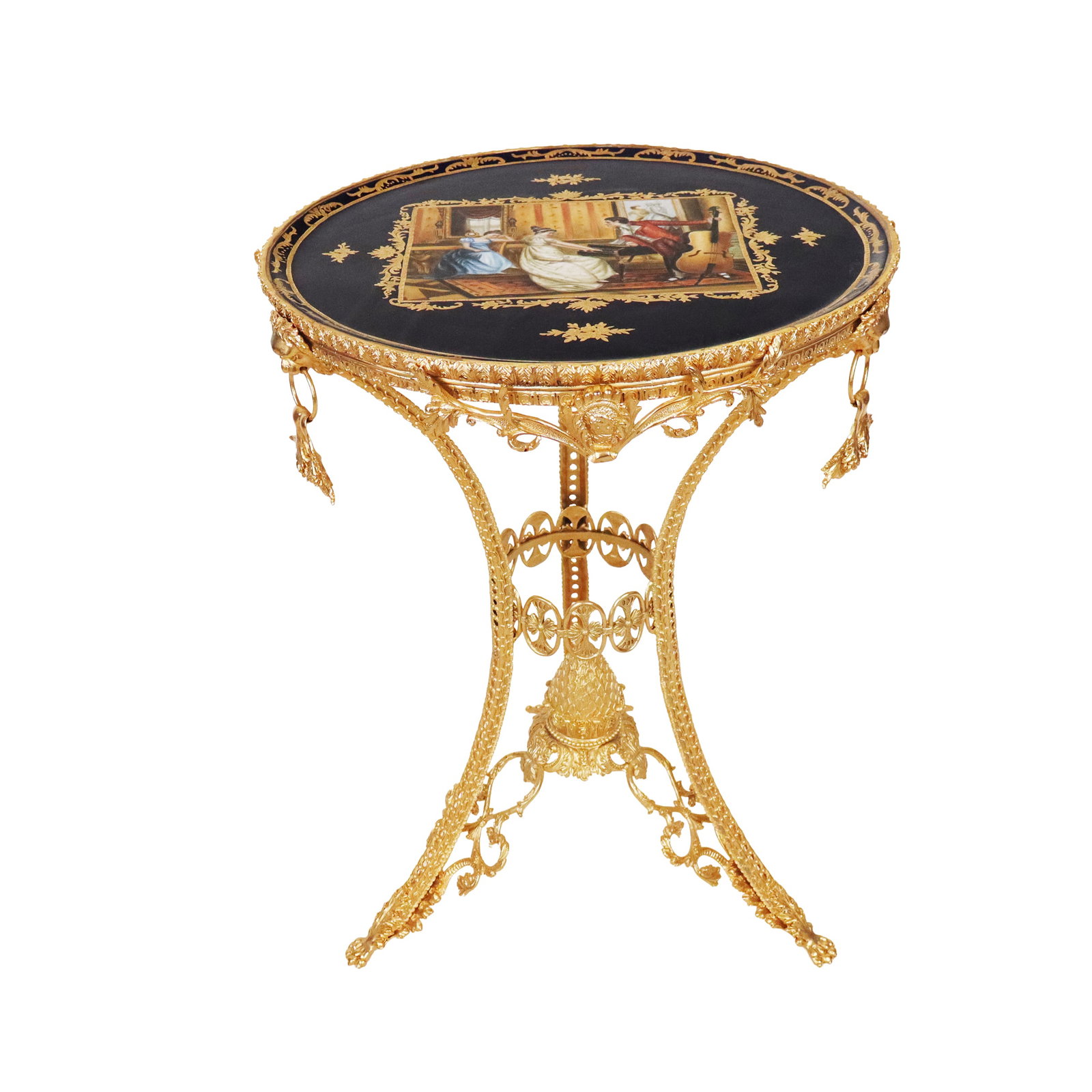 Louis XV-Style Gilt Metal & Porcelain Table: Pair of Louis XV circular tables, 20th century, having a porcelain inset cobalt blue plaque charger depicting an interior scene of figures at a piano, and a pineapple finial on the base. [29" H x