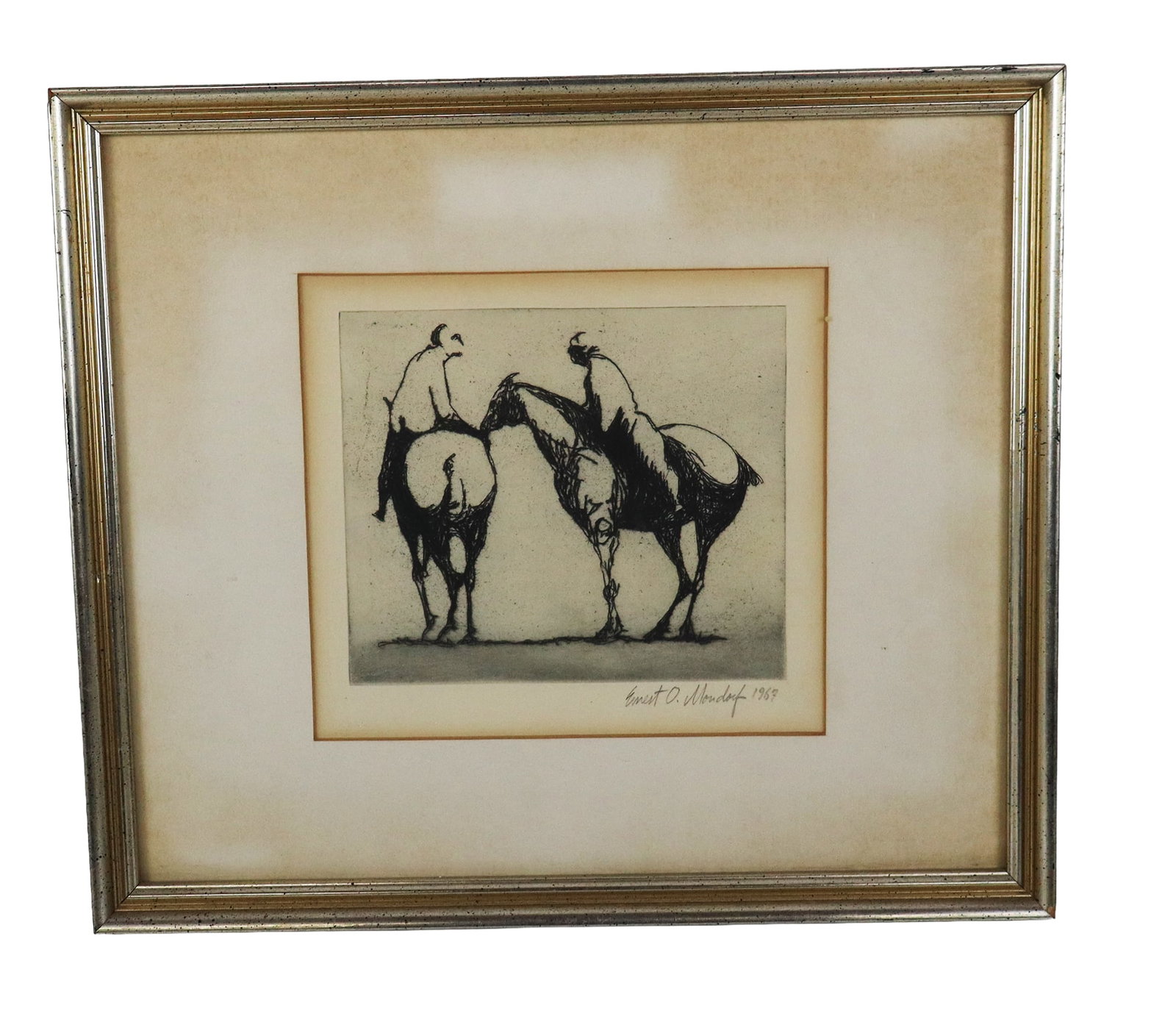 Ernest MONDORF Etching of Polo Players: Ernest Otto Mondorf (United States/Germany 1924-2008) etching of polo players on horseback, 1969, signed in graphite with date to lower right, in a frame. [Framed: 10.25" H x 12" W]. Condition is