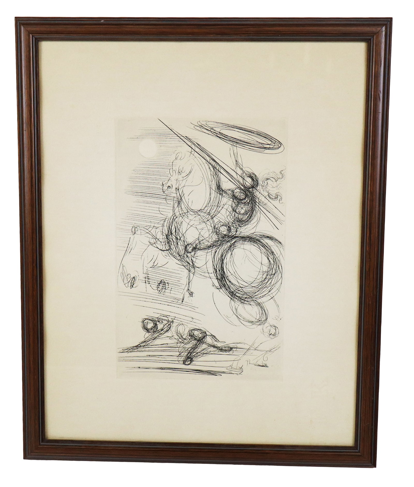 Salvador DALI Engraving of Don Quixote: Salvador Dali (Spain, 1904-1989) "Don Quixote" engraving, unsigned to work, accompanied by a Soci?t? de Verification de la Nouvelle Gravure Internationale of New York and Paris certificate affixed to 