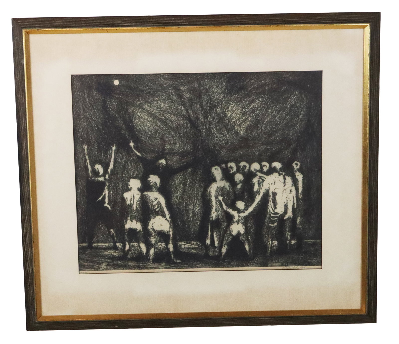 Ernest MONDORF Figural Etching: Ernest Otto Mondorf (United States/Germany 1924-2008) etching with figures before a moon, 1969, signed to lower right with date, and marked O. Karsch to lower left, in a frame. [Framed: 23" H x 26"
