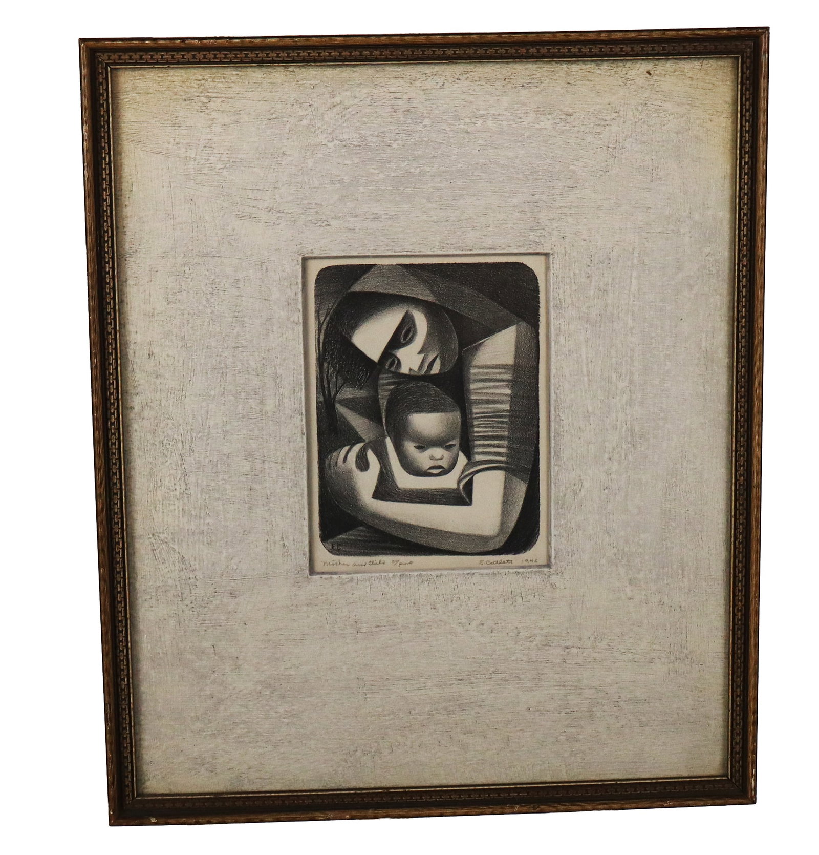 Elizabeth CATLETT "Mother and Child" Etching: Elizabeth Catlett (Mexican/American, 1915-2012) "Mother and Child" etching, 1945, initialed EC within image, signed and titled in graphite to lower. [Framed: 20.5" H x 17.25" W]. Condition is good.