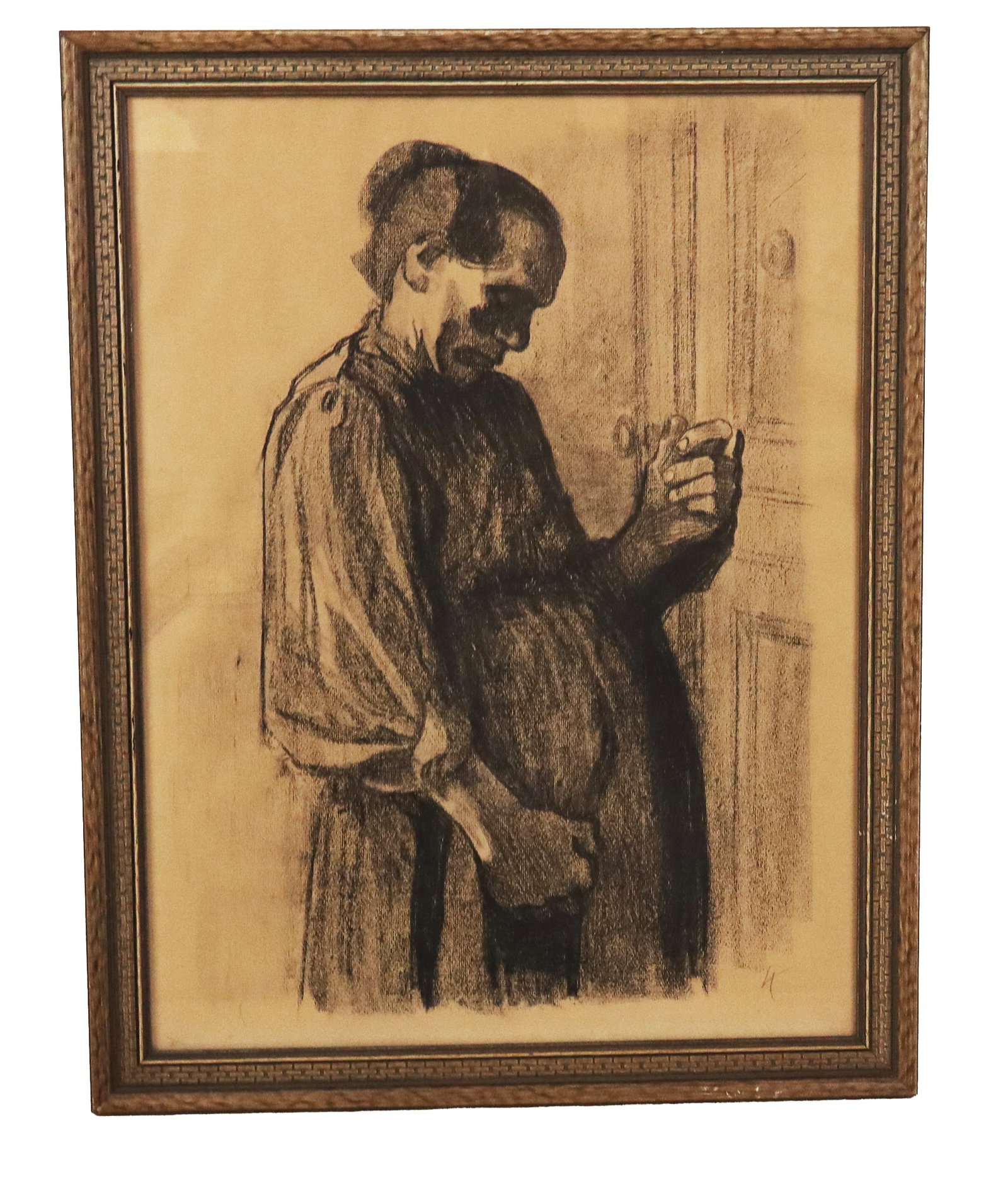 Kathe KOLLWITZ "Beim Arzt" Lithograph: Kathe Kollwitz (German, 1867-1945) "Beim Arzt" or "At the Doctor" lithograph, 1908, from the artist's misery series, unmarked to face, in a frame. [26" H x 20" W]. Condition is good.