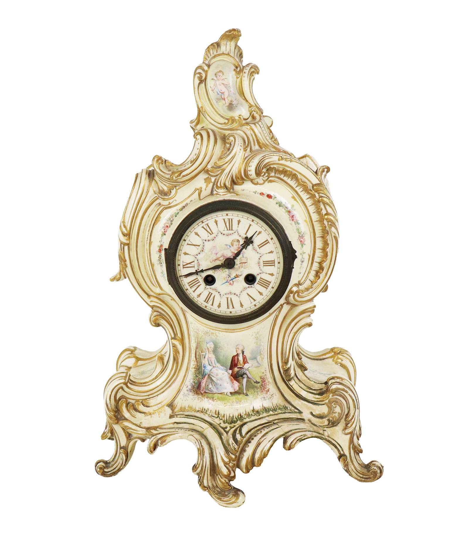Louis XVI Painted Porcelain Mantle Clock: Louis XVI painted porcelain mantle clock, 19th century, with a cherub decorated dial and decoration throughout. [18" H x 12" W x 6.5" D]. Condition is good to fair with repairs and losses to lower,