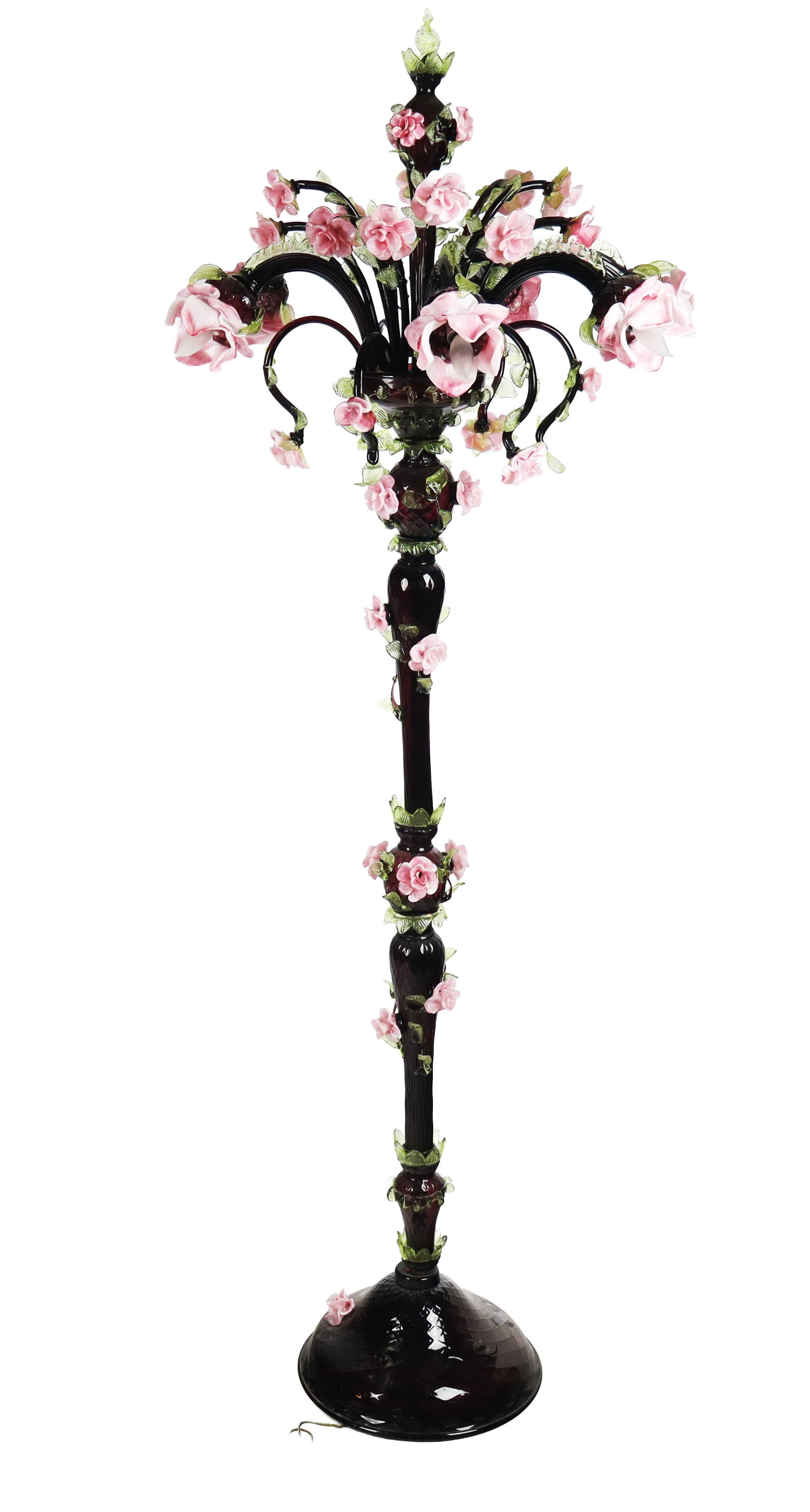 Venetian Murano Glass Torchiere with Roses: Venetian Murano glass torchiere, 20th century, with purple glass body and rose decoration and six floriform lights. [77" H x 32" Diameter]. Condition is good with scattered minor losses to glass and a