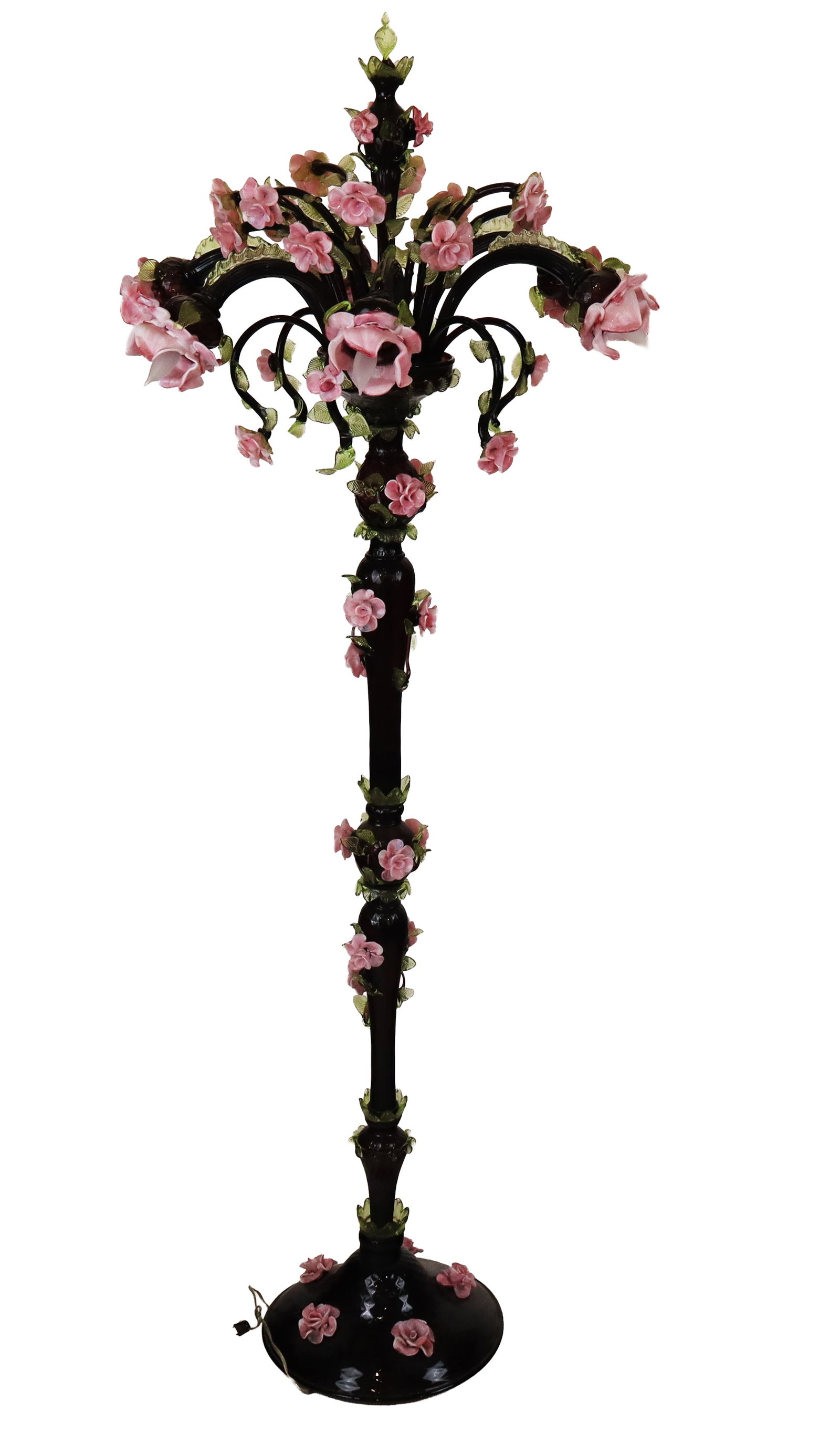 Venetian Murano Glass Torchiere with Roses: Venetian Murano glass torchiere, 20th century, with purple glass body and rose decoration and six floriform lights. [77" H x 32" Diameter]. Condition is good with scattered minor losses to glass, brea