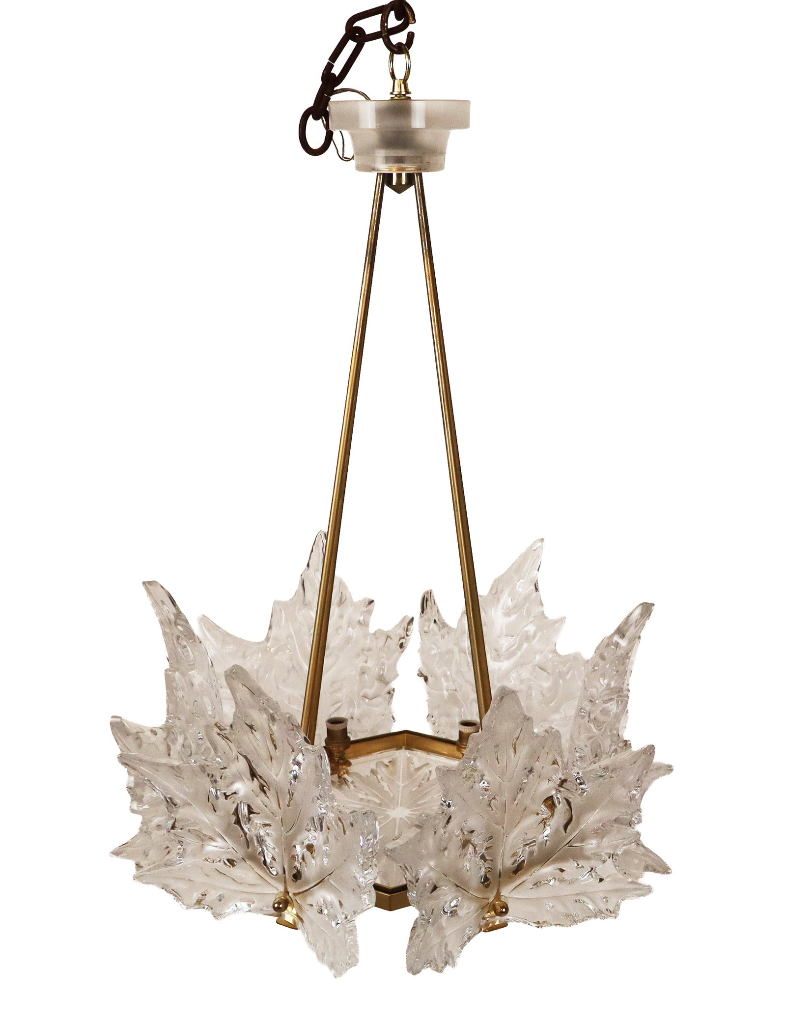 Lalique "Chames Elysees" Satin Glass Chandelier: Lalique "Champes Elysees" satin glass chandelier, 20th century, designed by Marc Lalique, with six leaf form shades, and a satin glass bowl, and six lights to interior, signed Lalique France at each l