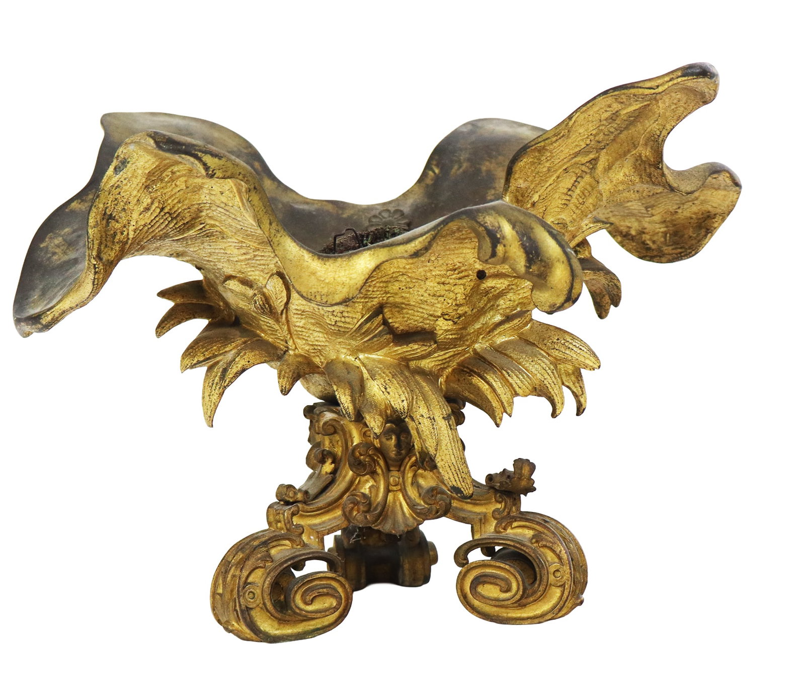 Louis XV Bronze Dore Jardiniere: Louis XV bronze dore garniture jardiniere, 19th century, with a shell form to upper over scrolled legs.[9" H x 13" W x 9" D]. Condition is good to fair with losses to gilt finish, sections loose,