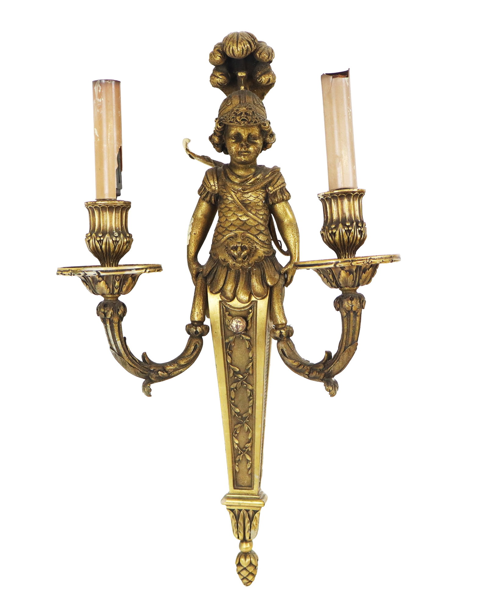 Louis XV Bronze Dore Figural Two-Light Sconce: Louis XV bronze dore sconce, 20th century, with a central figure of a child flanked by two scrolled arms, and with switch to lower. [20" H x 10.25" W x 6" D]. Condition is good with some losses to