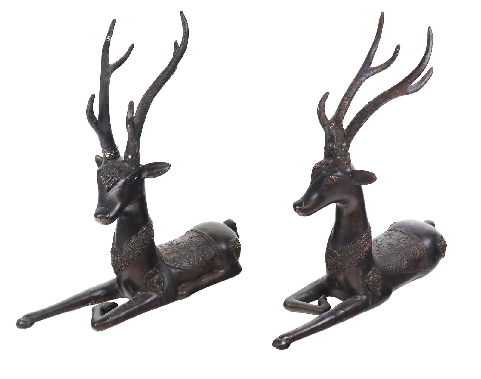 Pair of Indian Bronze Figures of Deer: Pair of Indian bronze figures of deer, 20th century, with floral decoration, unmarked. [20" H x 6" W x 20" D]. Condition is good with some wear to blackened finish.