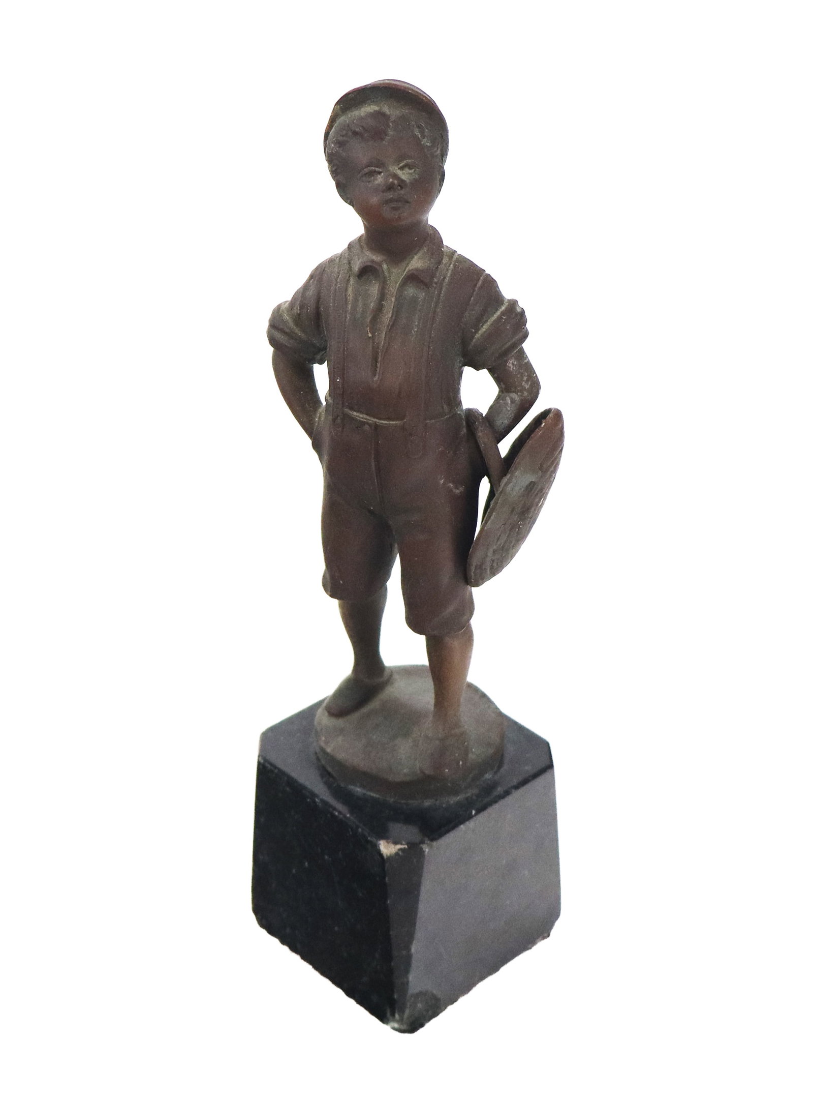 Bronze on Marble Figure of a Lad: Bonze on marble figure of a young lad, 20th century, signed illegibly to reverse of bronze. [8" H x 2" Square]. Condition is good with chips to marble.